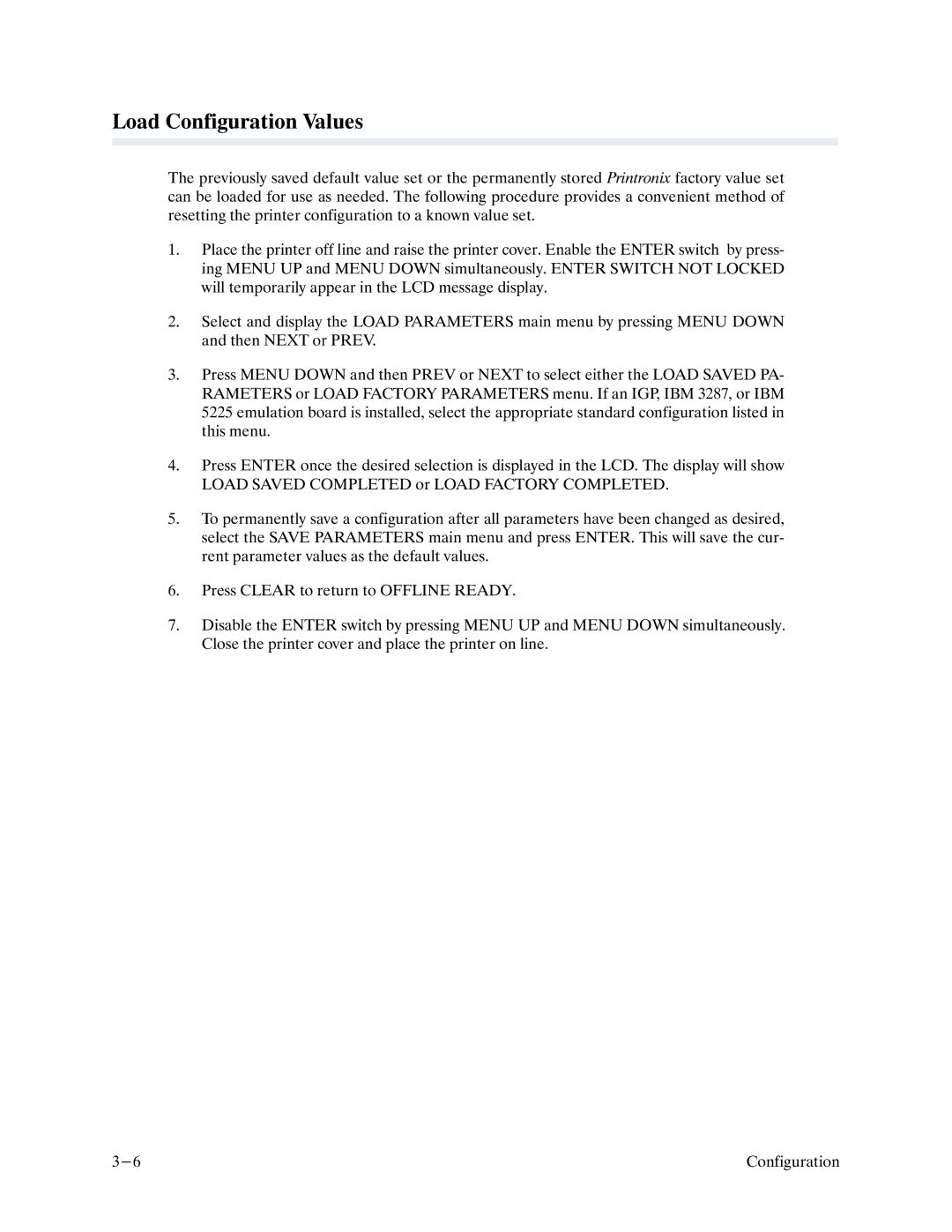 Printronix P9000 Series manual Load Configuration Values 