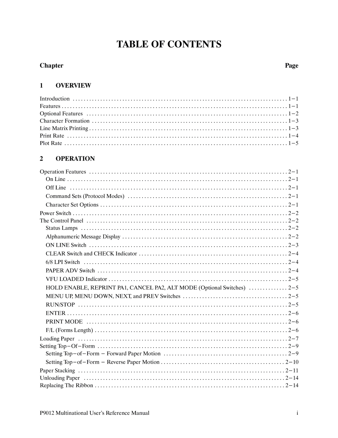 Printronix P9000 Series manual Table of Contents 