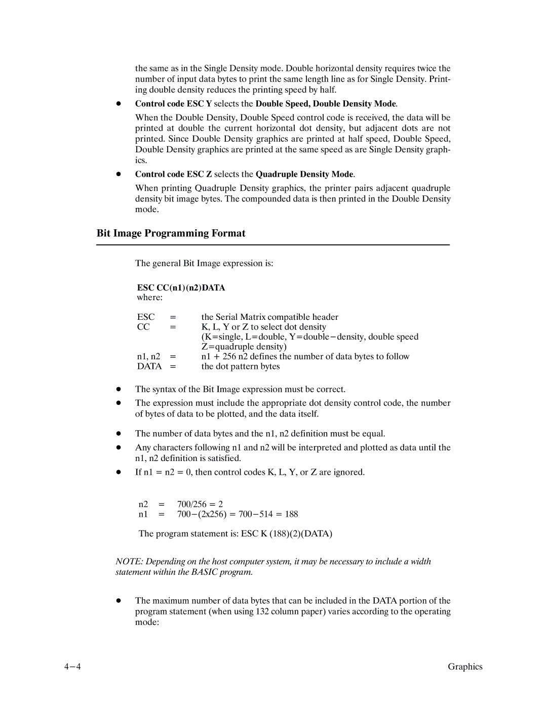 Printronix P9000 Series manual Bit Image Programming Format, Esc, Data 