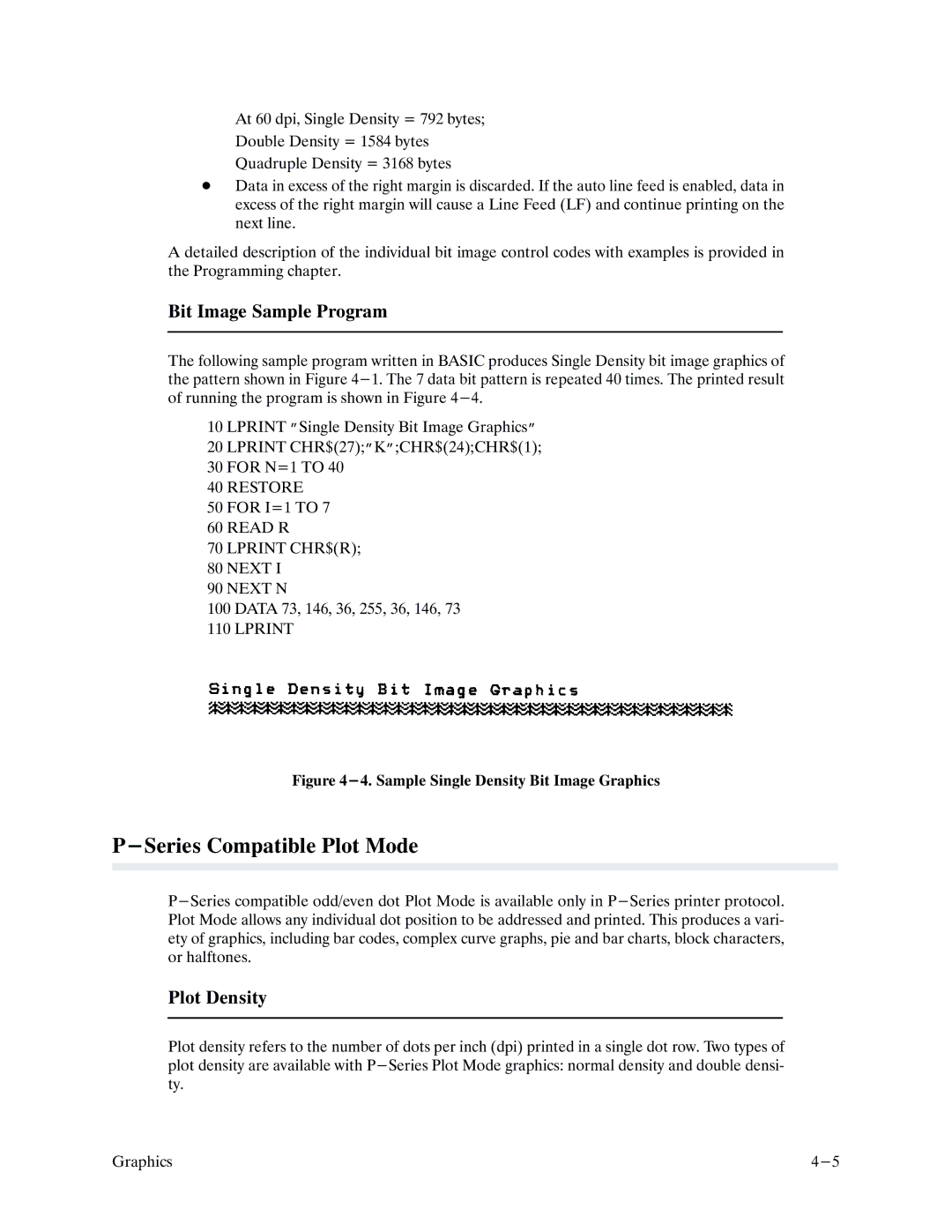 Printronix P9000 Series manual Series Compatible Plot Mode, Bit Image Sample Program, Plot Density 