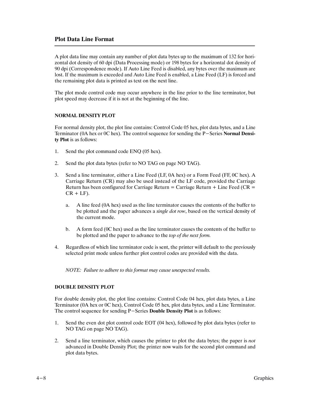 Printronix P9000 Series manual Plot Data Line Format, Normal Density Plot, Double Density Plot 