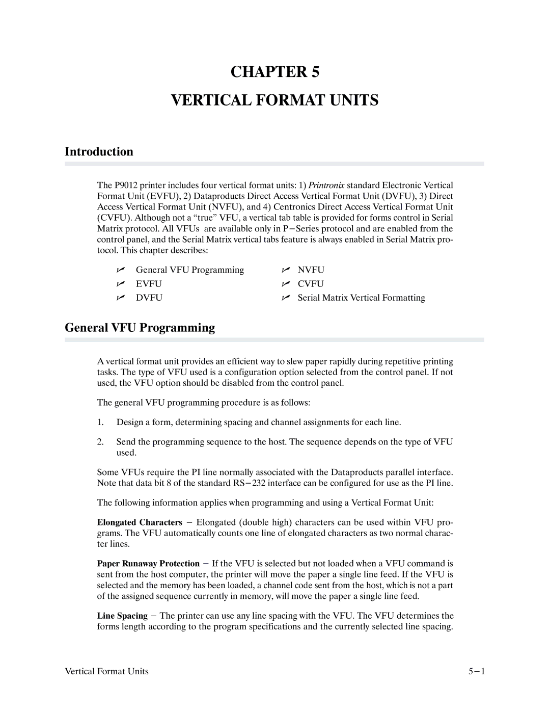 Printronix P9000 Series manual Chapter Vertical Format Units, General VFU Programming, Dvfu 