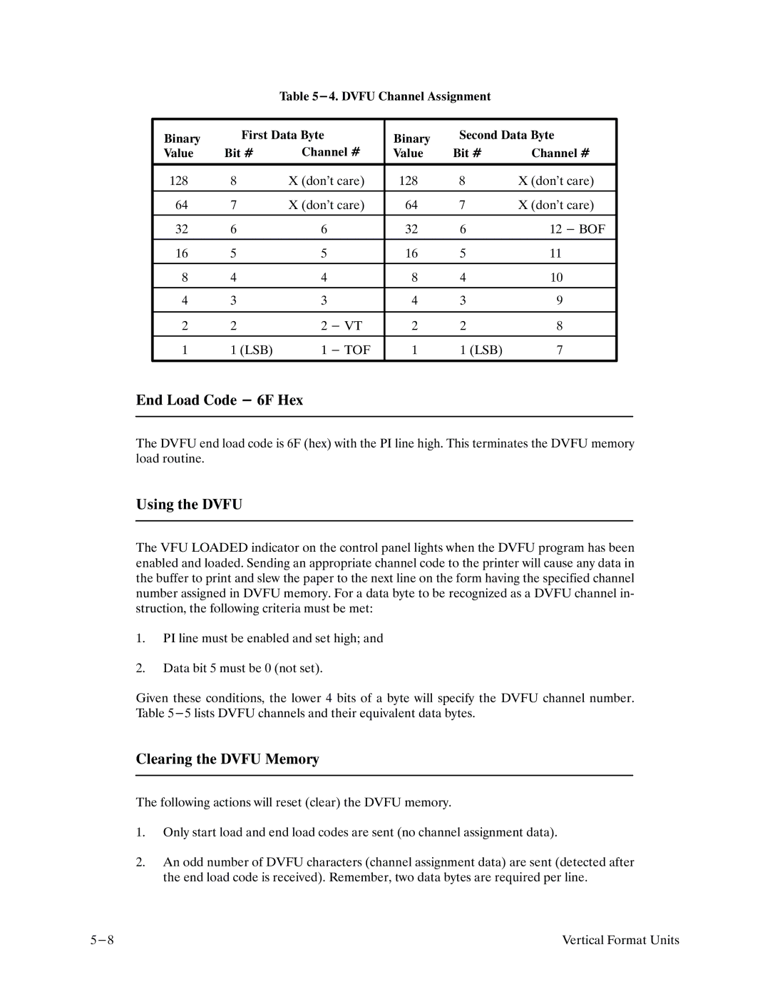 Printronix P9000 Series manual End Load Code 6F Hex, Using the Dvfu, Clearing the Dvfu Memory 