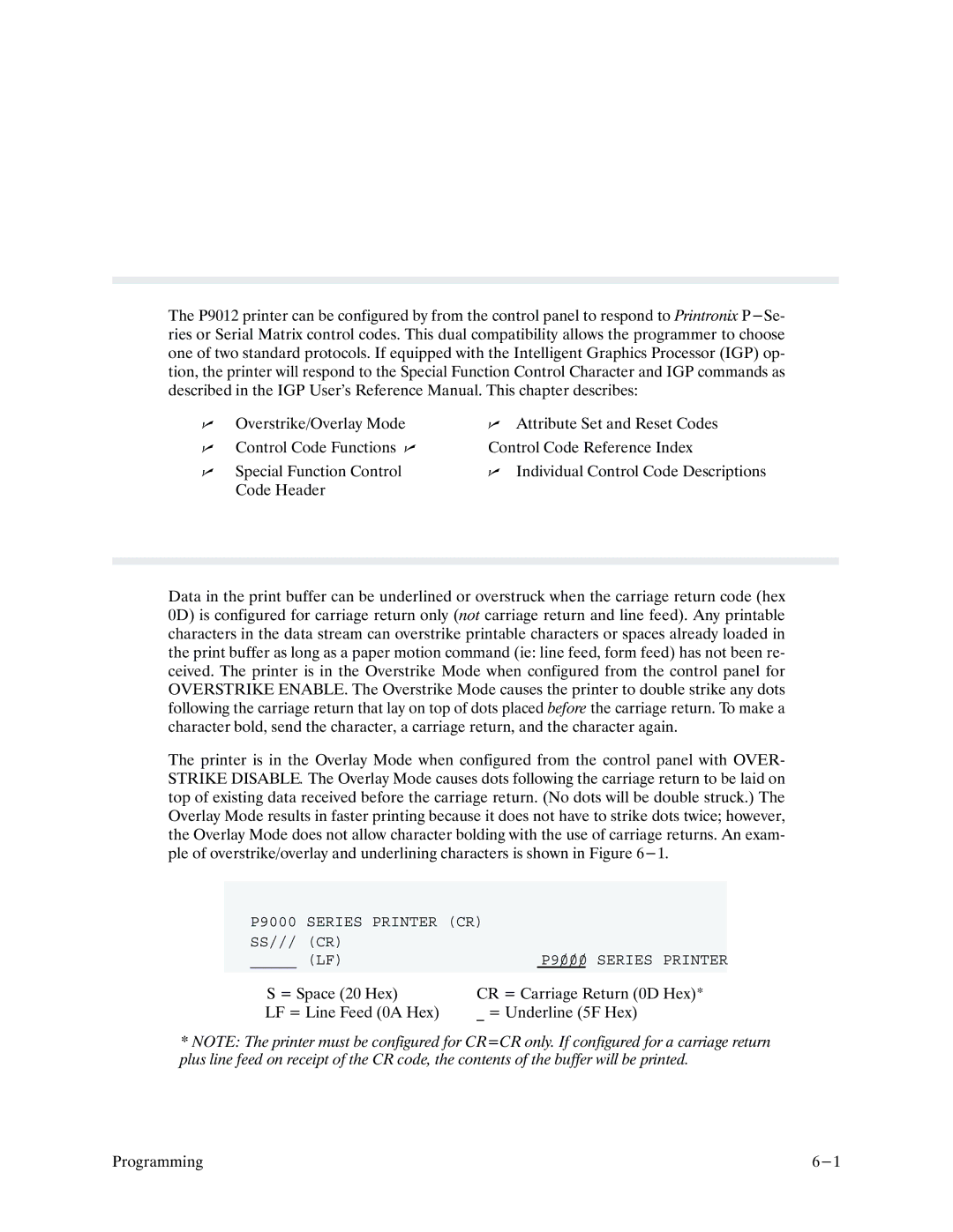 Printronix P9000 Series manual Chapter Programming, Overstrike/Overlay Mode 