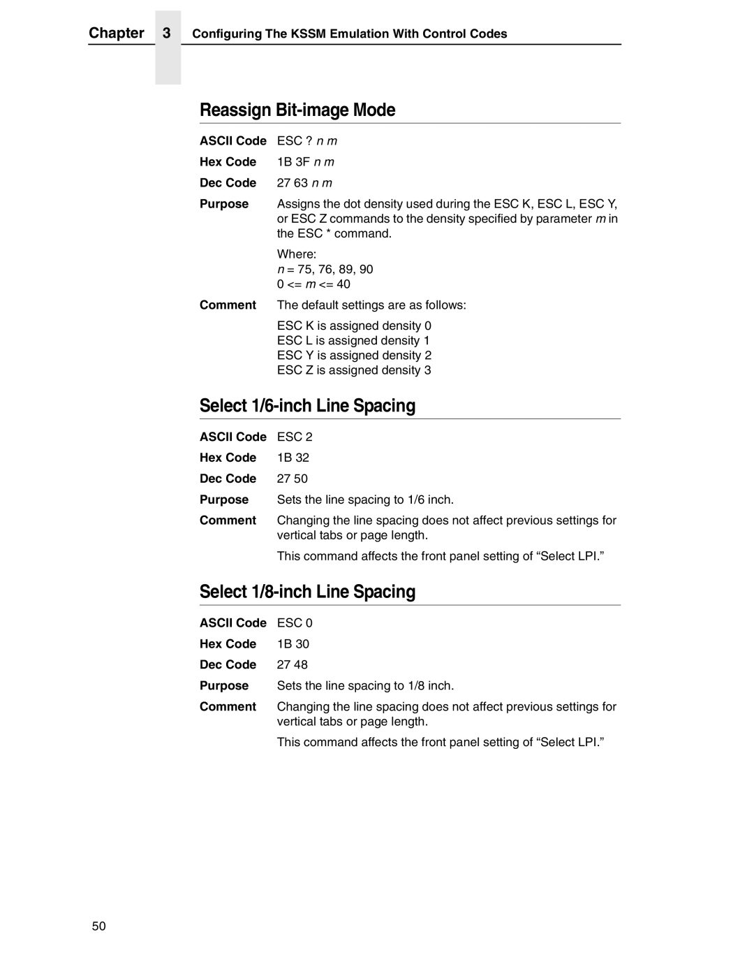 Printronix PSA3, P7000 H-Series manual Reassign Bit-image Mode, Select 1/6-inch Line Spacing, Select 1/8-inch Line Spacing 