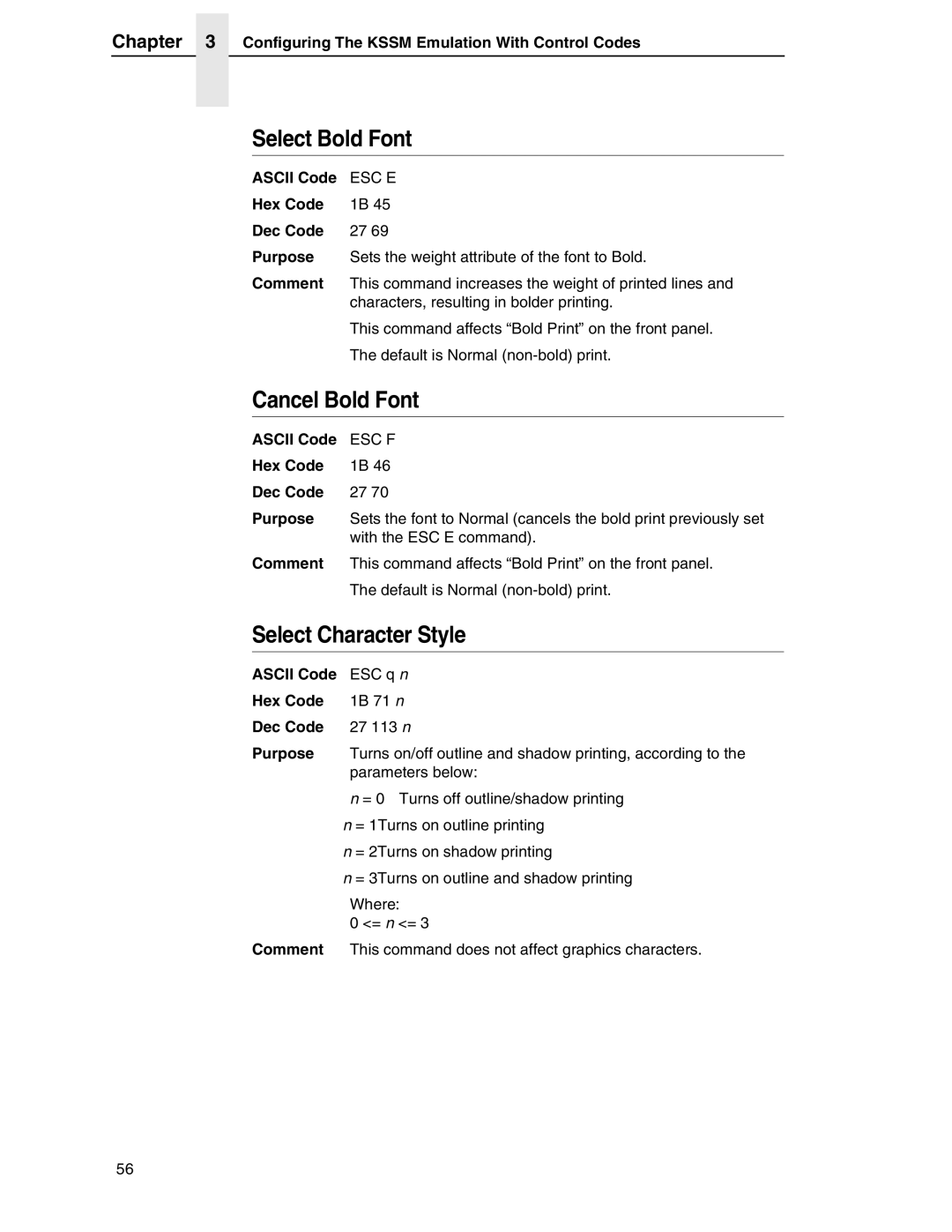 Printronix PSA3, P7000 H-Series manual Select Bold Font, Cancel Bold Font, Select Character Style 