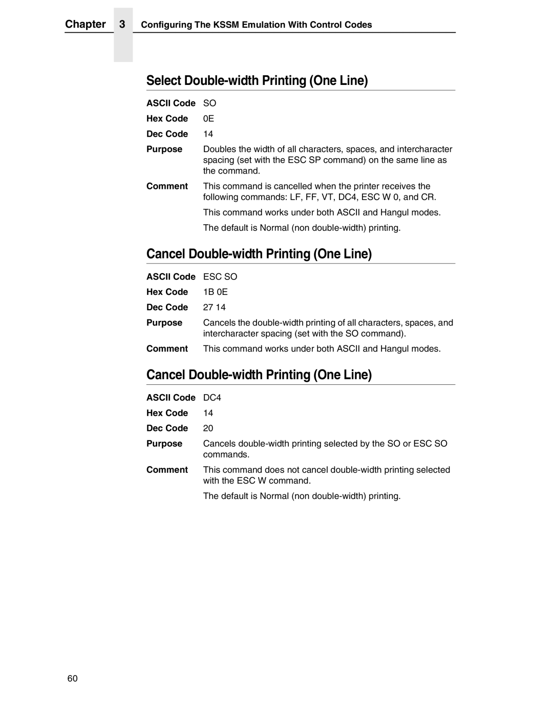 Printronix PSA3, P7000 H-Series manual Select Double-width Printing One Line, Cancel Double-width Printing One Line 