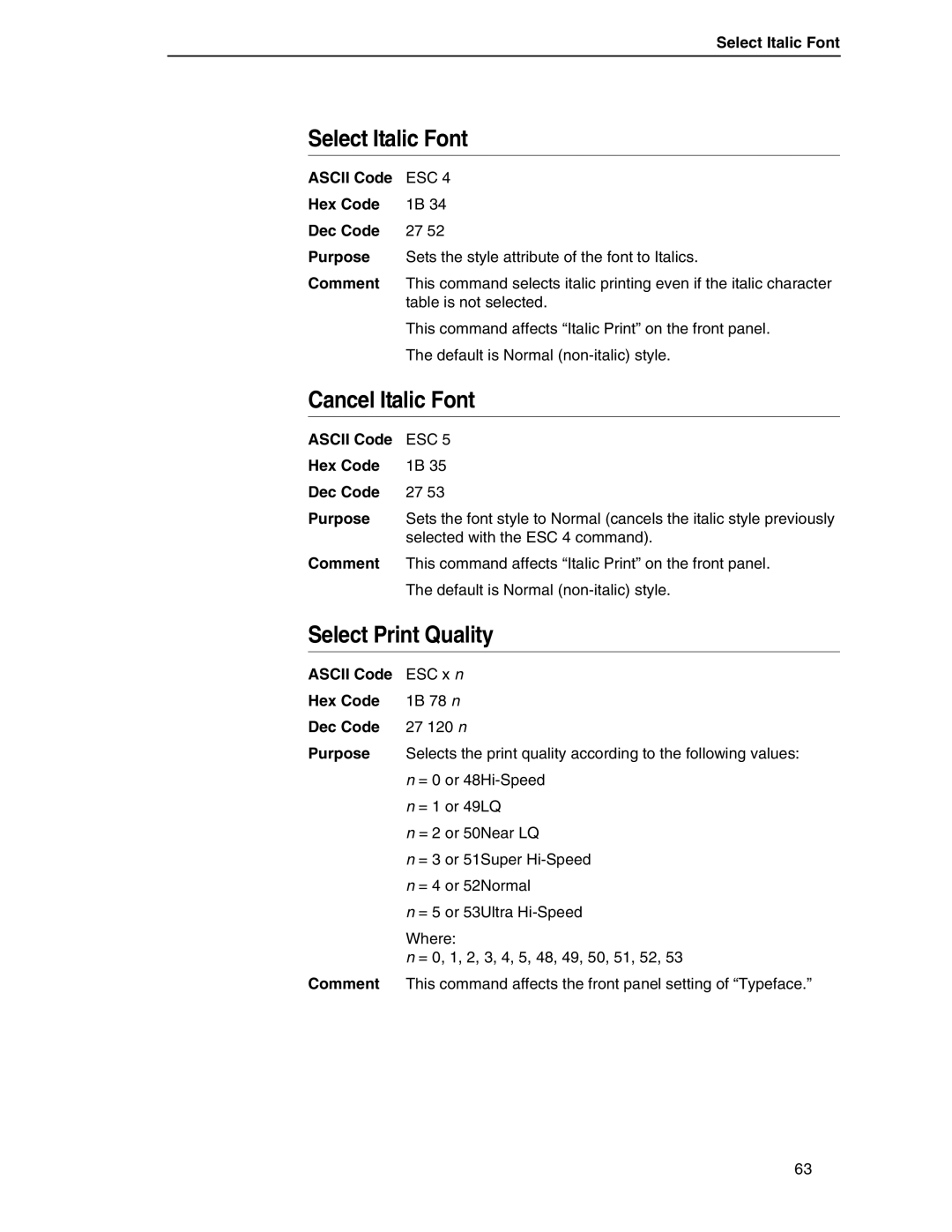 Printronix P7000 H-Series, PSA3 manual Select Italic Font, Cancel Italic Font, Select Print Quality 