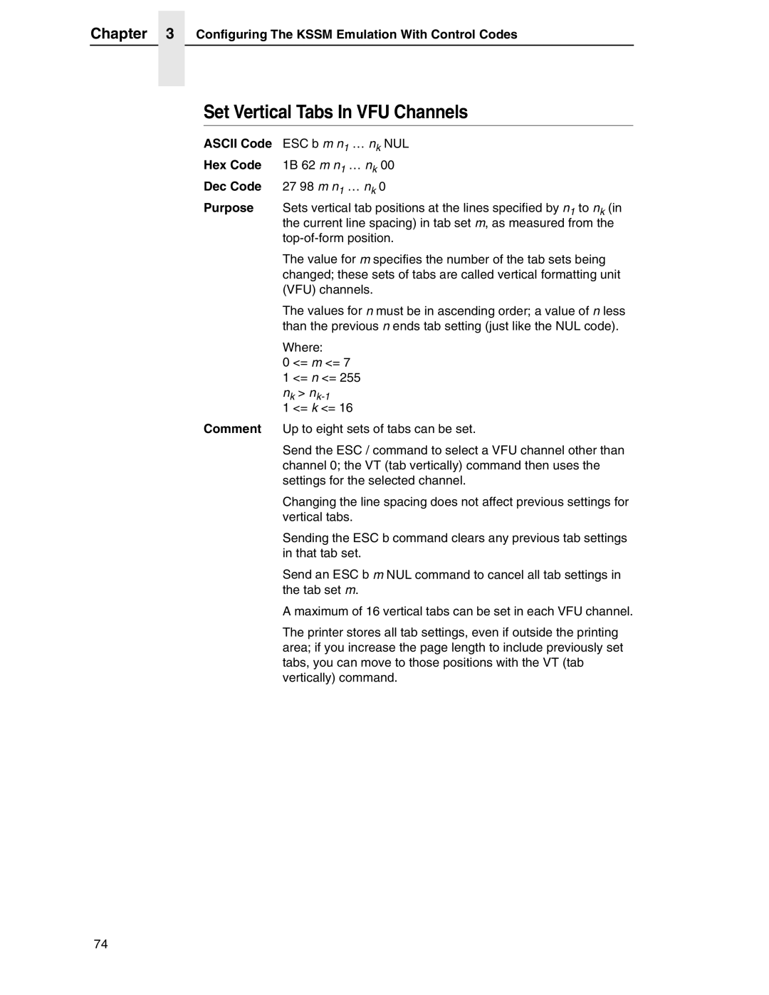 Printronix PSA3 manual Set Vertical Tabs In VFU Channels, Ascii Code ESC b m n1 … nk NUL, Dec Code 27 98 m n1 … nk 