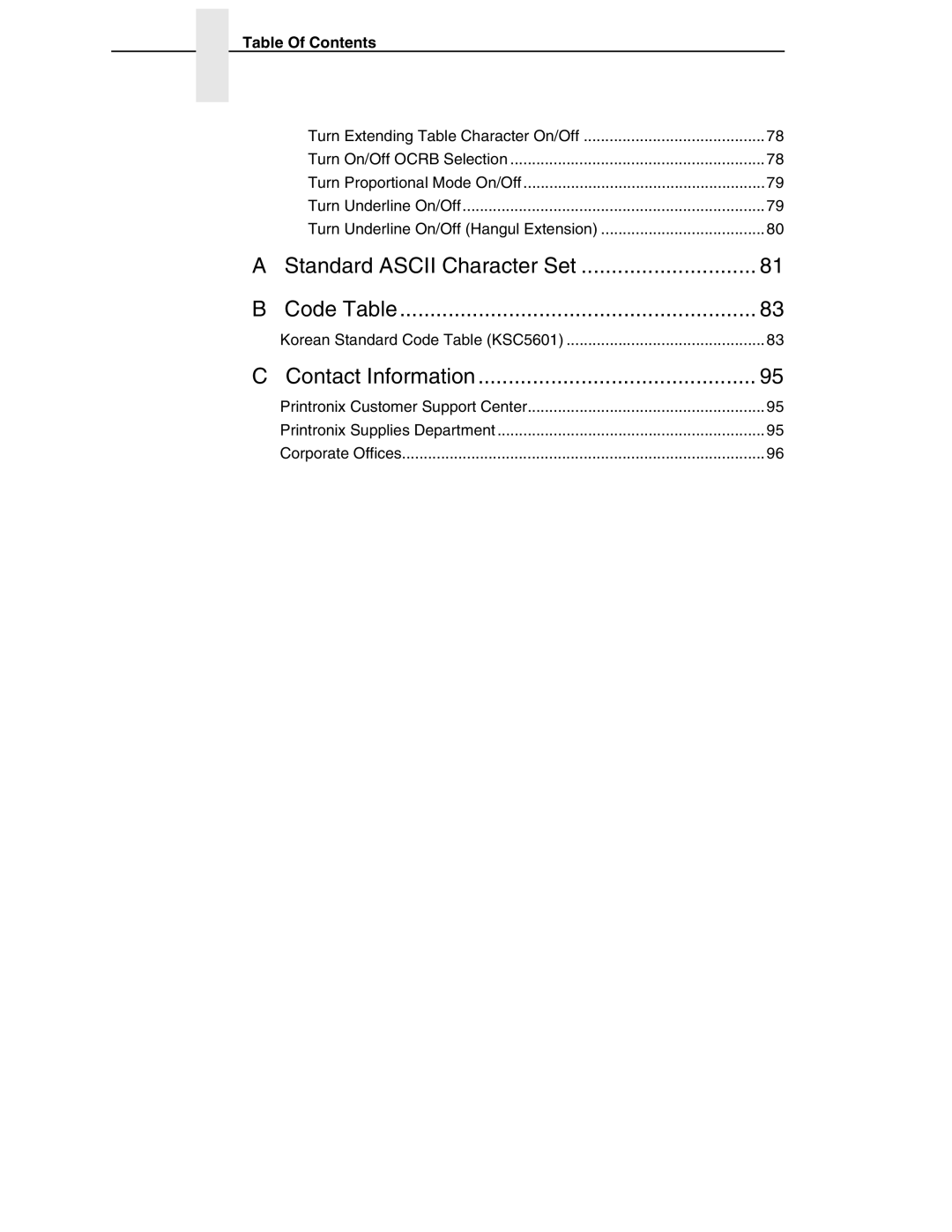 Printronix PSA3, P7000 H-Series manual Standard Ascii Character Set Code Table 