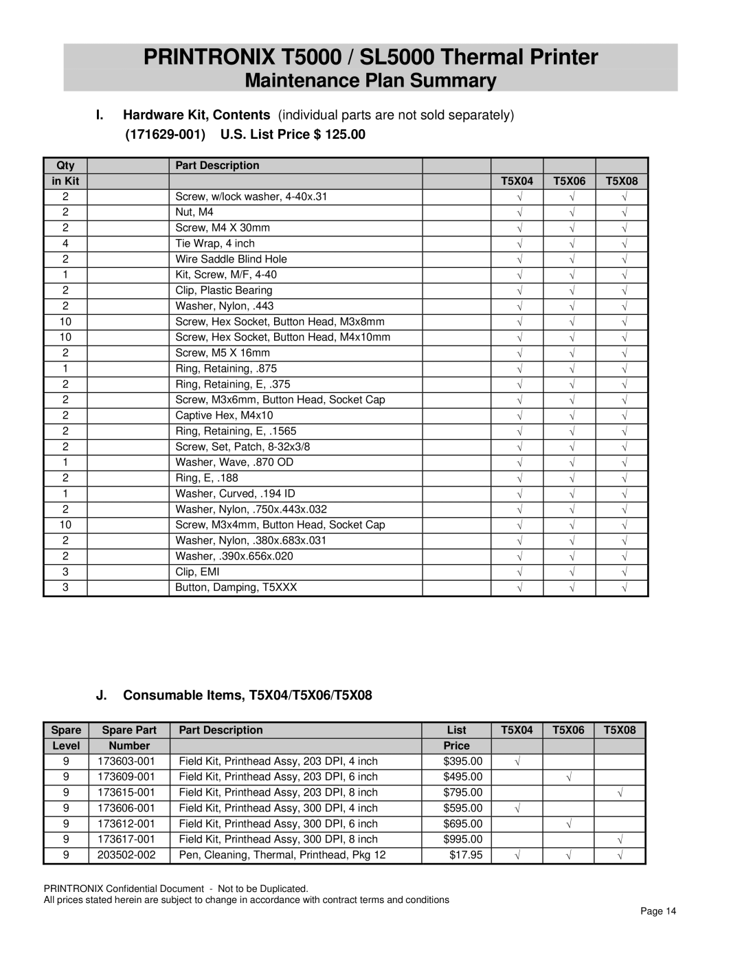 Printronix SL5000 warranty 171629-001 U.S. List Price $, Consumable Items, T5X04/T5X06/T5X08 