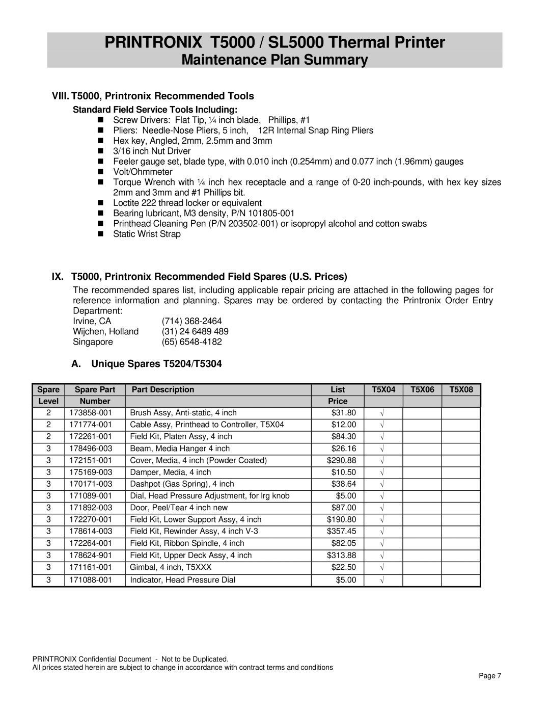 Printronix SL5000 VIII. T5000, Printronix Recommended Tools, IX. T5000, Printronix Recommended Field Spares U.S. Prices 