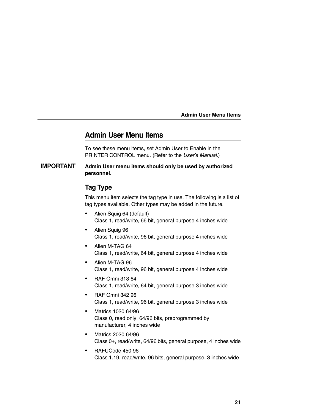 Printronix SL5000e manual Admin User Menu Items 