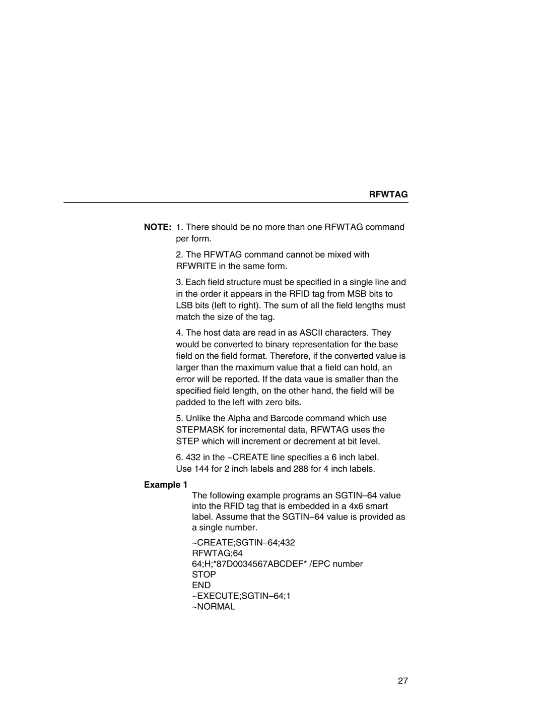 Printronix SL5000e manual Example, ~CREATESGTIN-64432 RFWTAG64, Stop END ~EXECUTESGTIN-641 ~NORMAL 