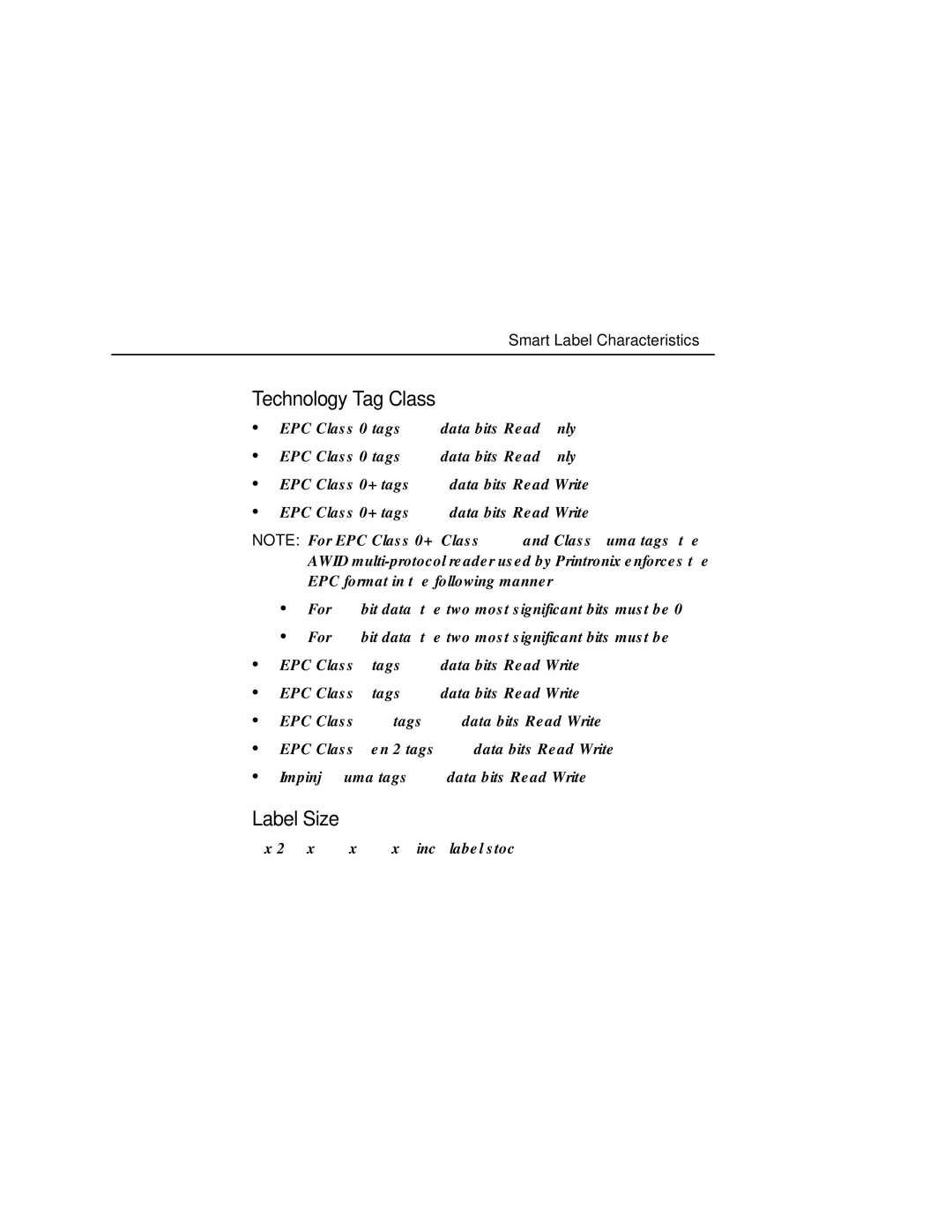 Printronix SL5000r MP manual Technology Tag Class, Label Size, Smart Label Characteristics 