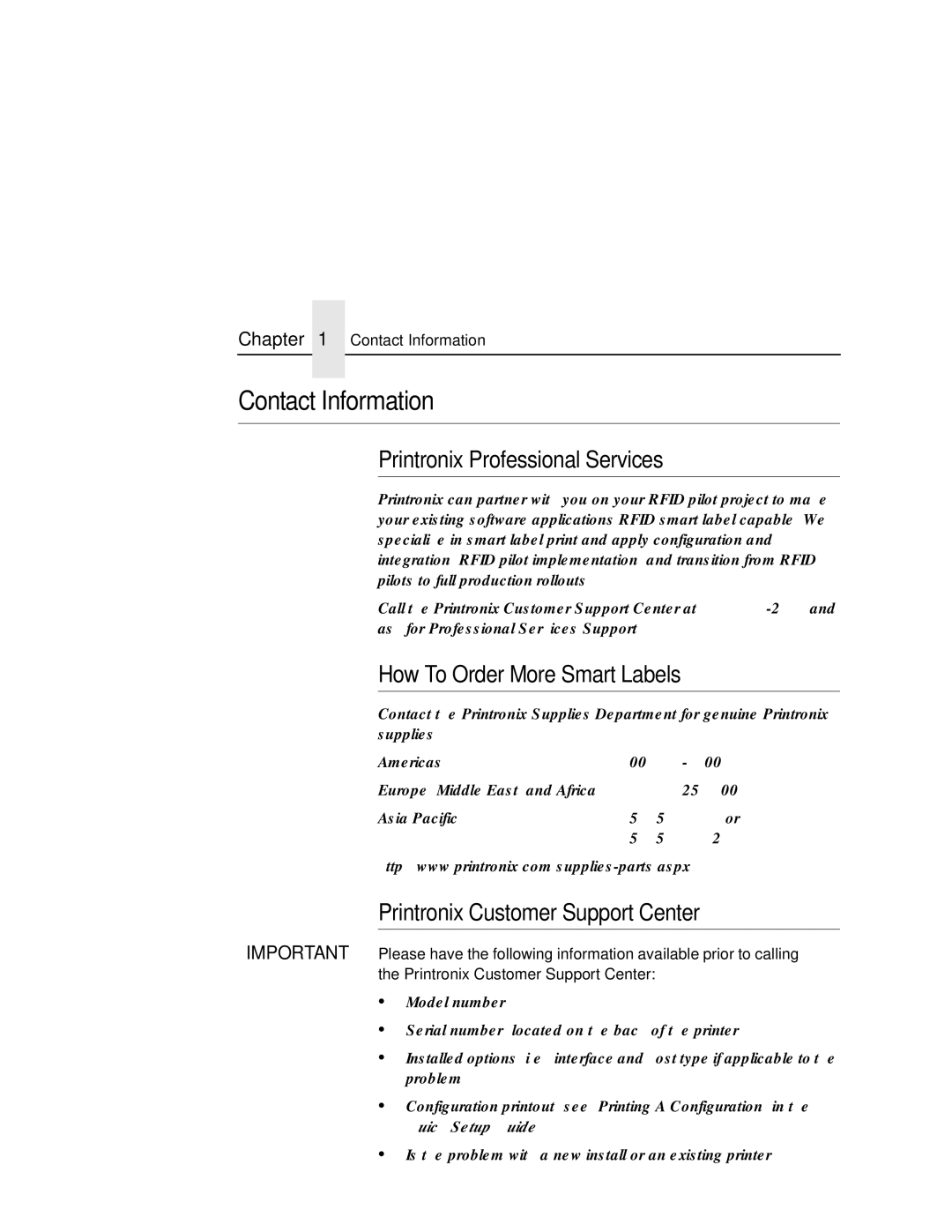 Printronix SL5000r MP manual Contact Information, Printronix Professional Services, How To Order More Smart Labels 