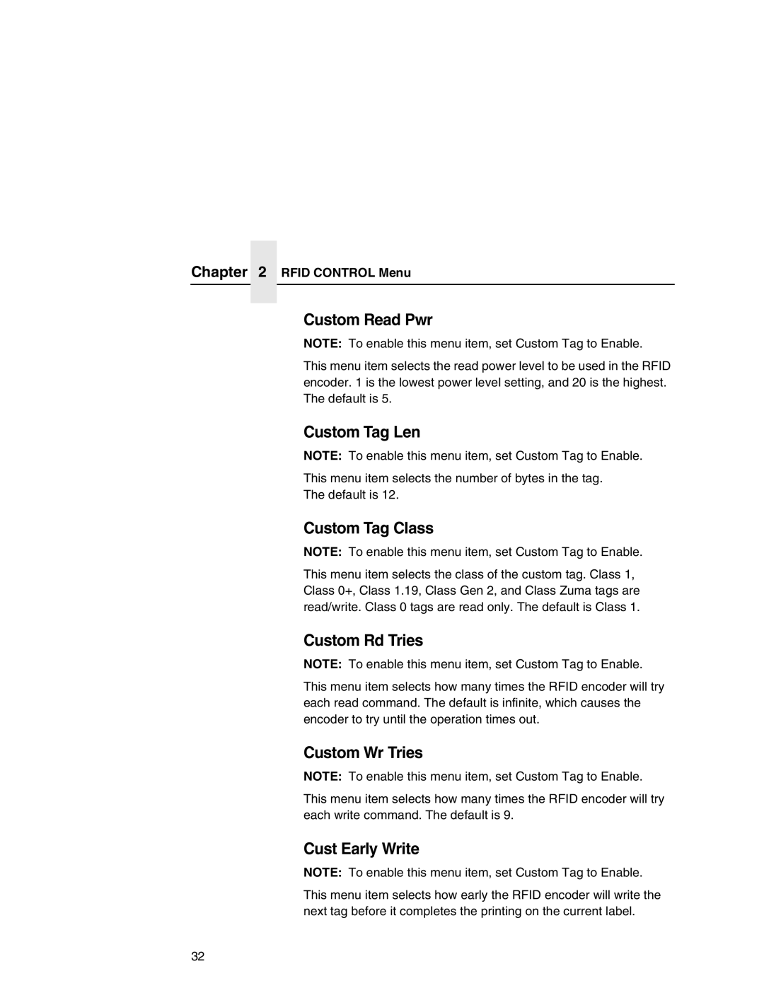 Printronix SL5000r MP manual Custom Read Pwr, Custom Tag Len, Custom Tag Class, Custom Rd Tries, Custom Wr Tries 