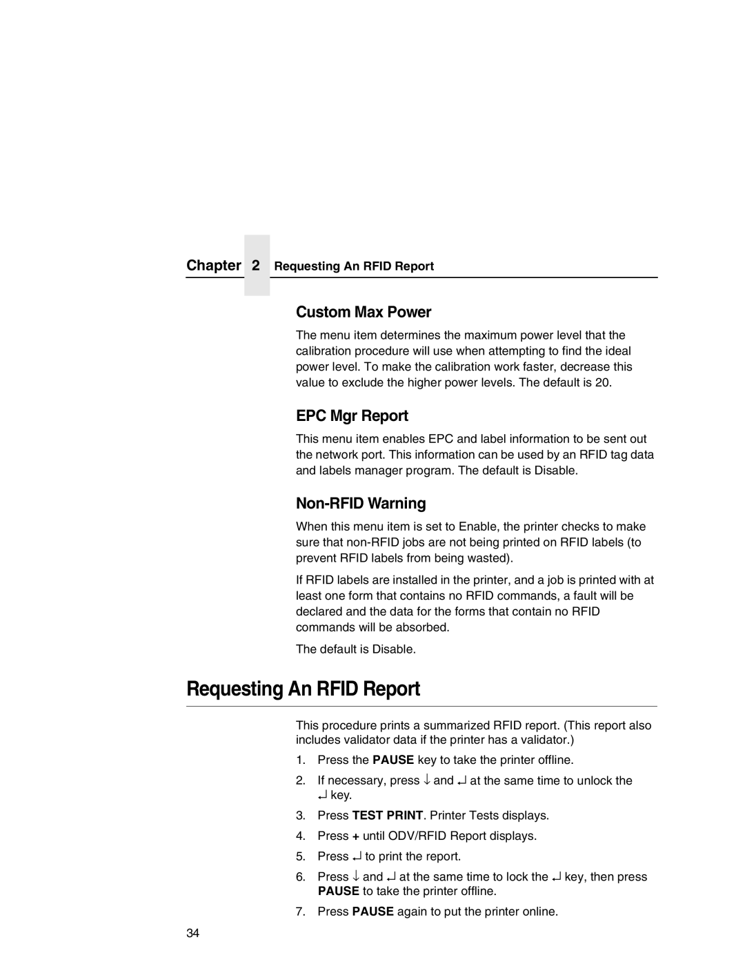 Printronix SL5000r MP manual Requesting An Rfid Report, Custom Max Power, EPC Mgr Report, Non-RFID Warning 