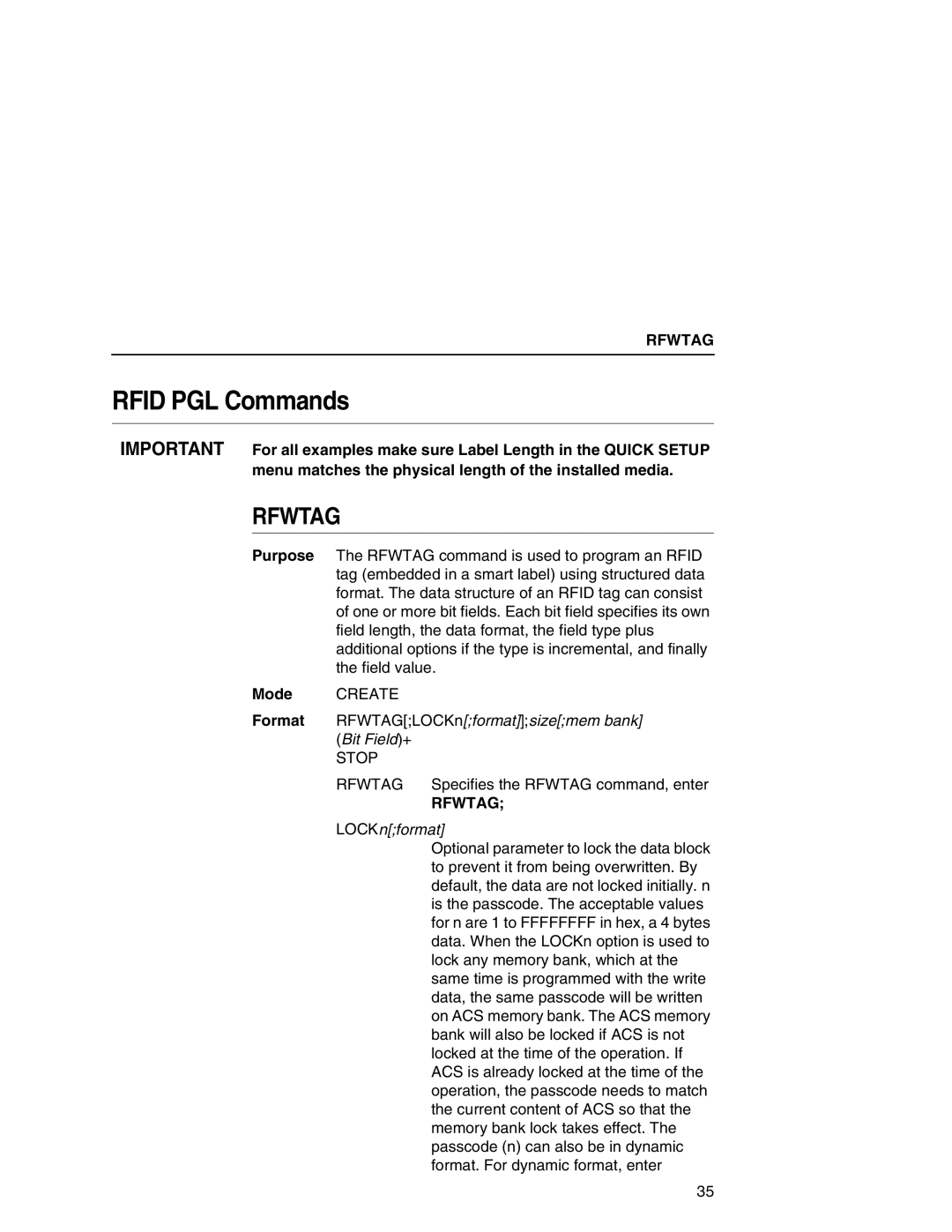 Printronix SL5000r MP manual Rfid PGL Commands, Format RFWTAGLOCKnformatsizemem bank Bit Field+, Stop 