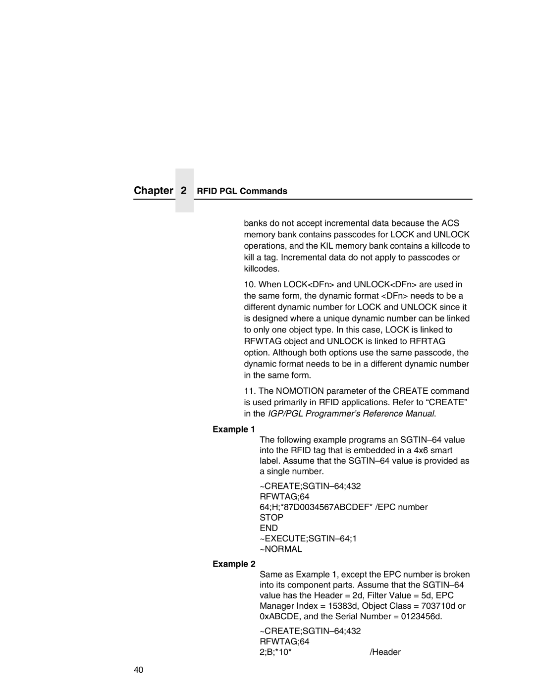 Printronix SL5000r MP manual Example, ~CREATESGTIN-64432 RFWTAG64, Stop END ~EXECUTESGTIN-641 ~NORMAL 