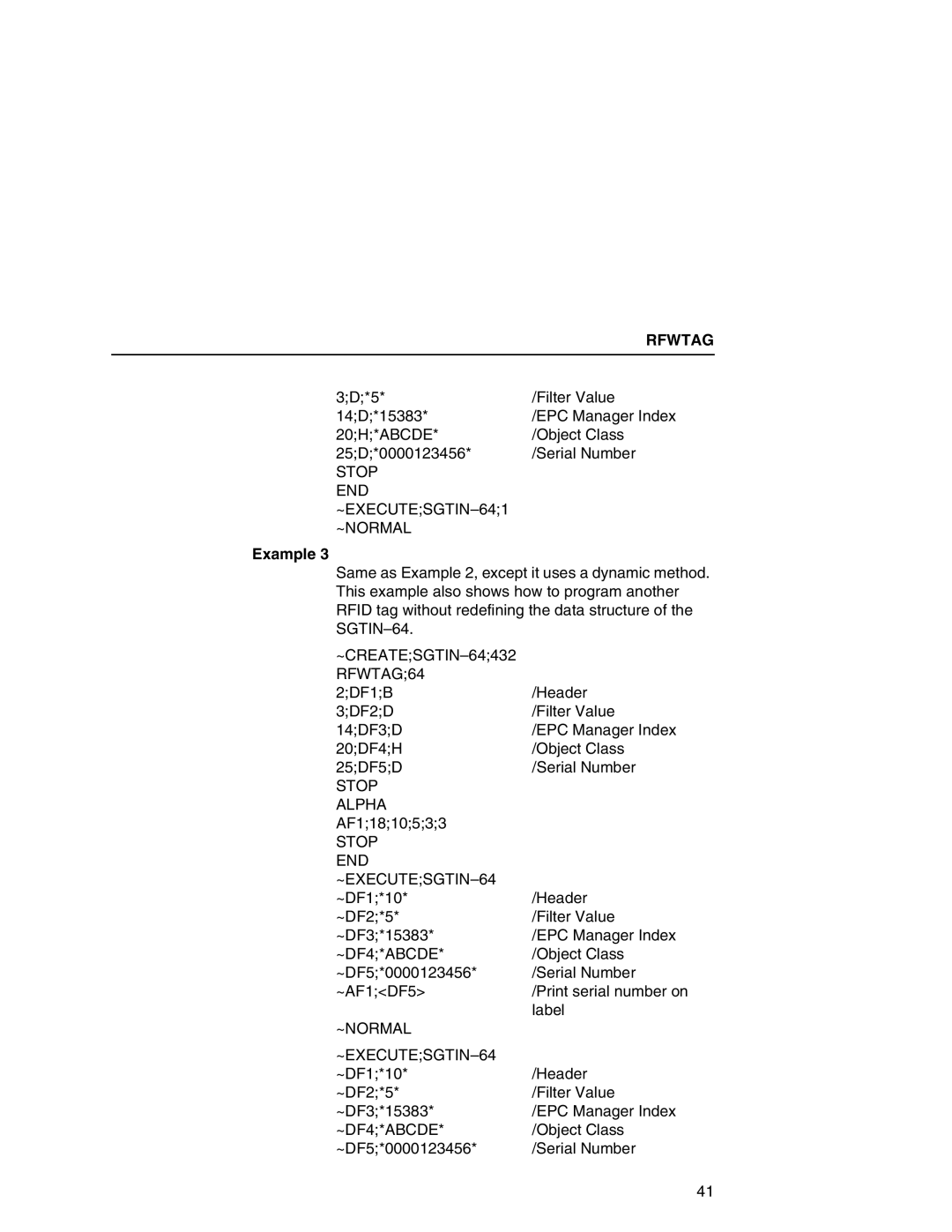 Printronix SL5000r MP manual SGTIN-64 ~CREATESGTIN-64432 RFWTAG64, Stop Alpha, Stop END ~EXECUTESGTIN-64, ~DF4*ABCDE 