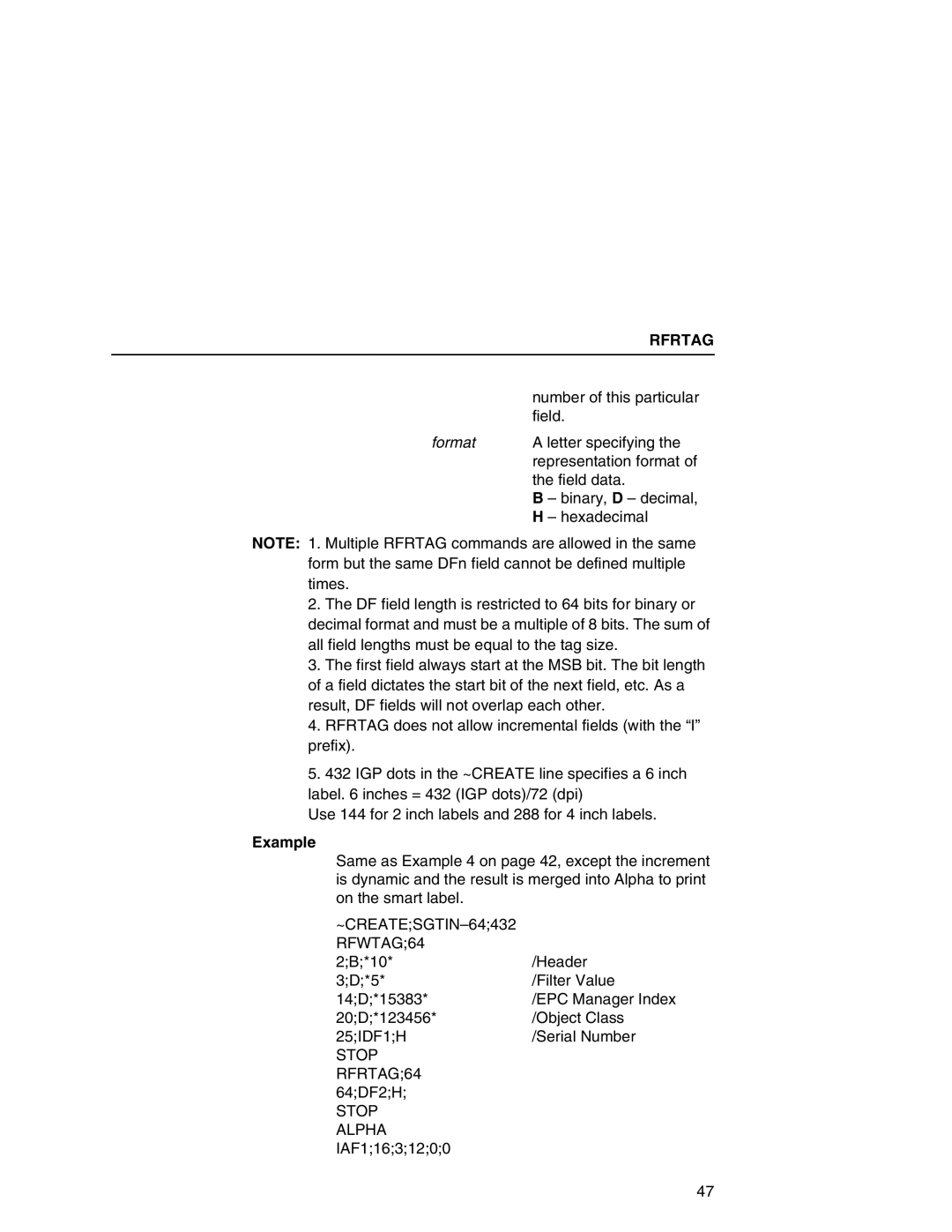 Printronix SL5000r MP manual Format, Stop RFRTAG64 