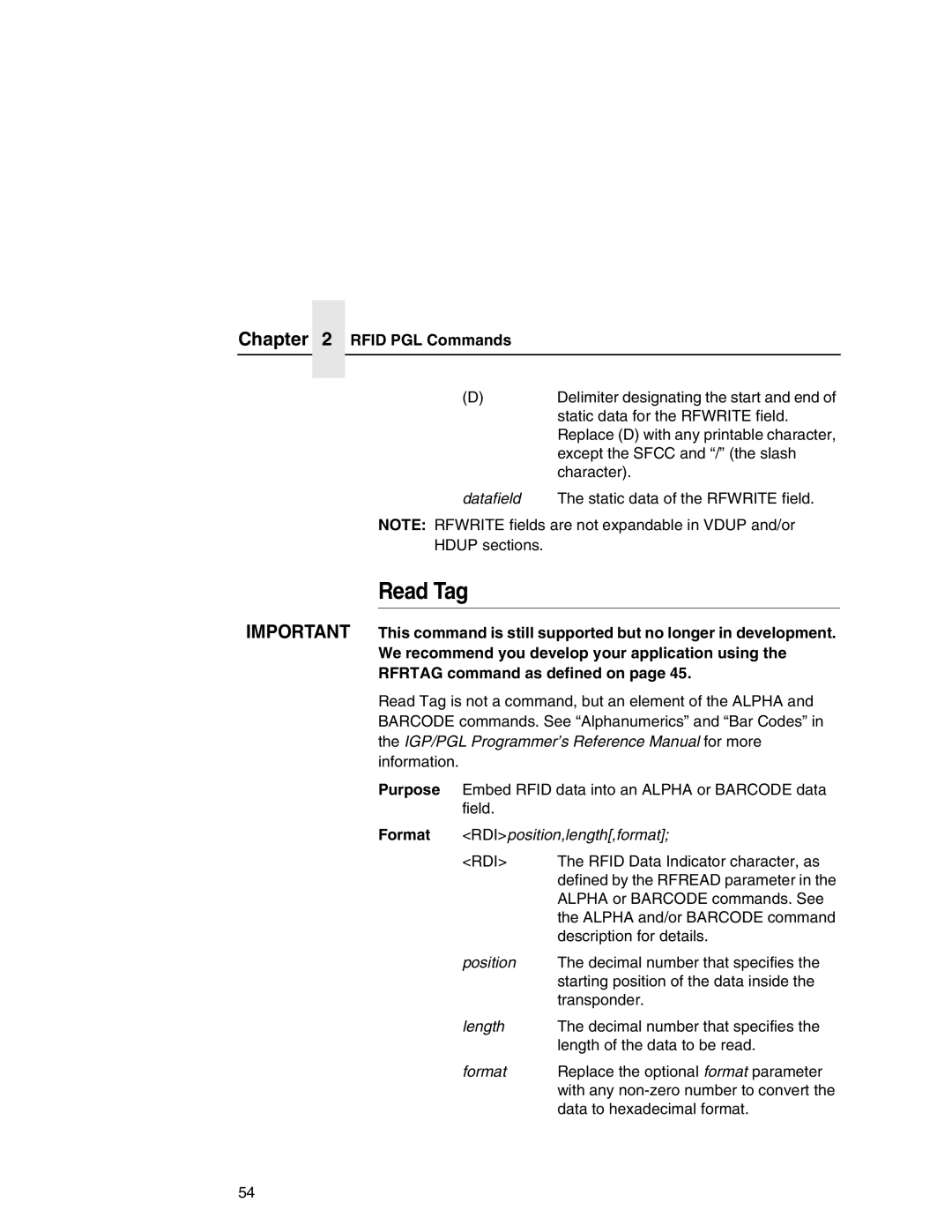 Printronix SL5000r MP manual Read Tag, Format RDIposition,length,format, Rdi, Position 