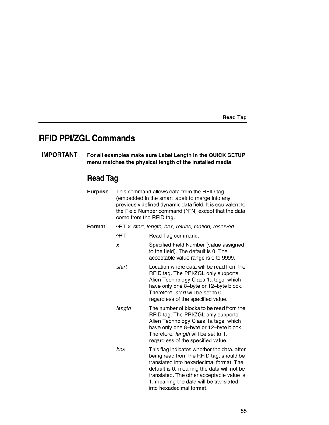 Printronix SL5000r MP manual Rfid PPI/ZGL Commands, Read Tag, Format RT x, start, length, hex, retries, motion, reserved 