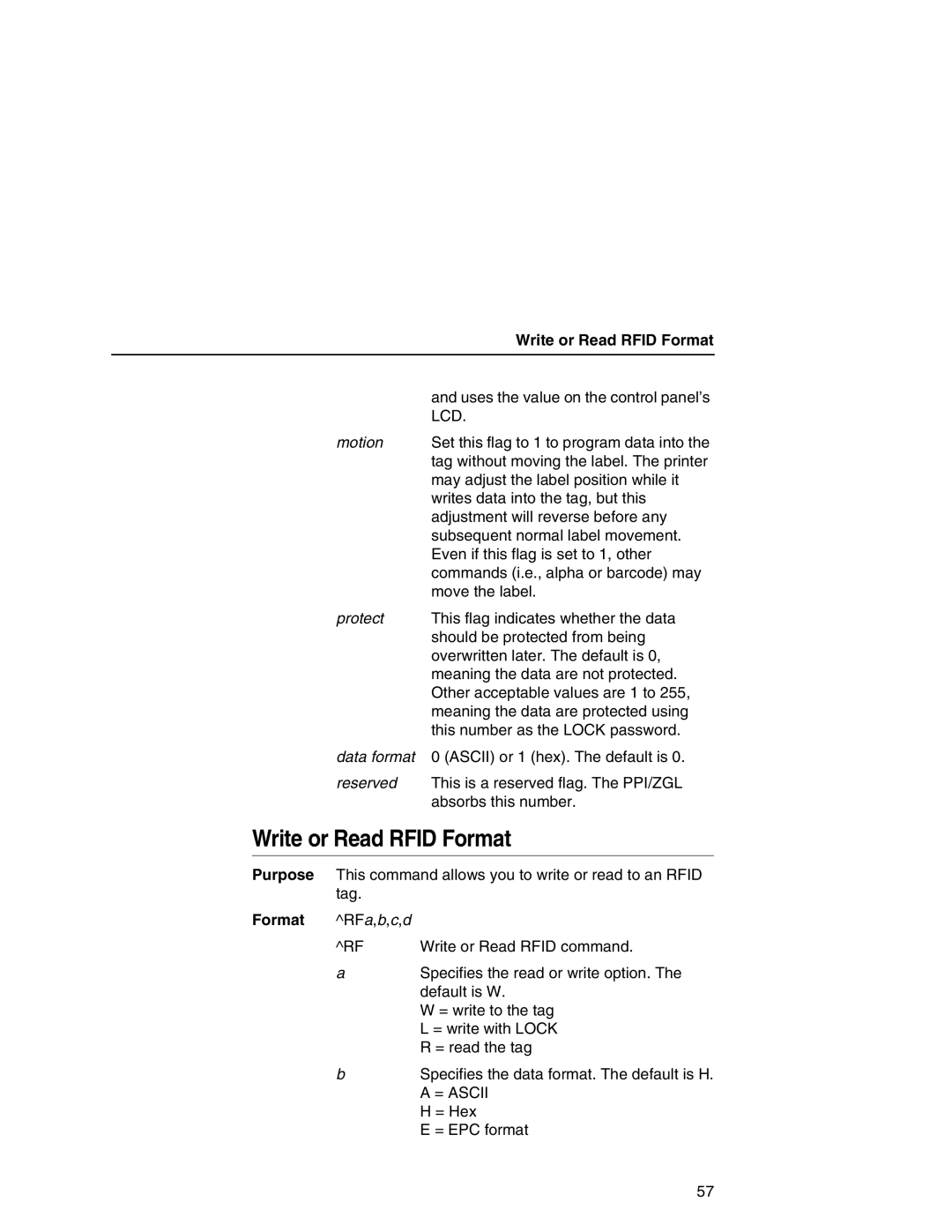 Printronix SL5000r MP manual Write or Read Rfid Format, Format RFa,b,c,d 