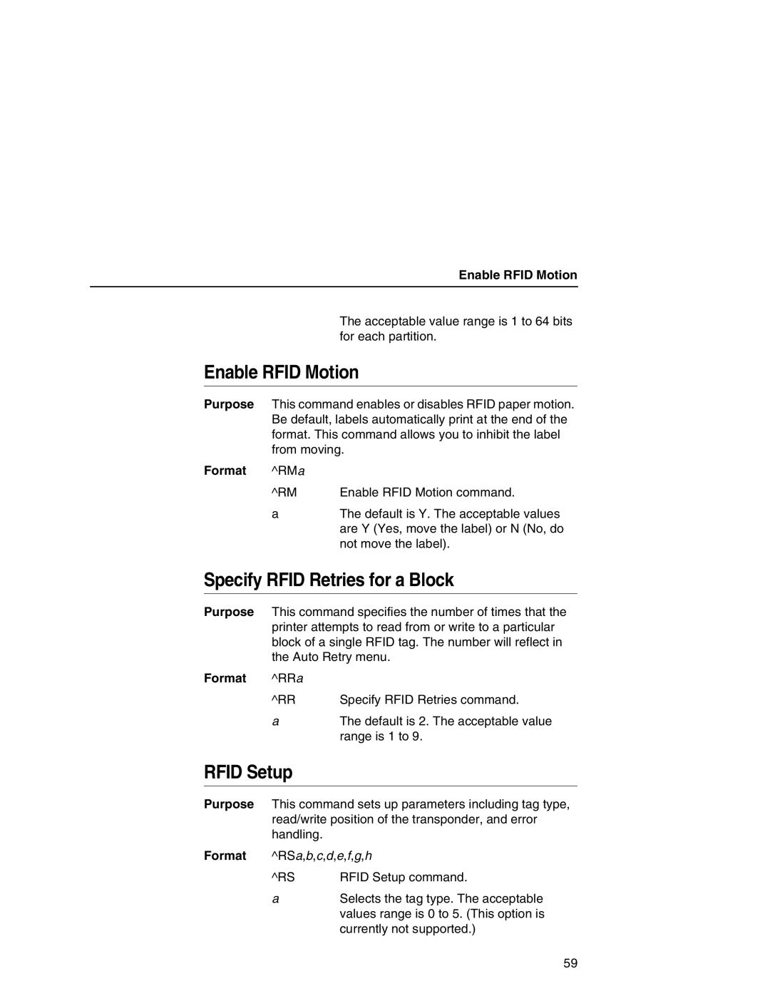 Printronix SL5000r MP manual Enable Rfid Motion, Specify Rfid Retries for a Block, Rfid Setup 