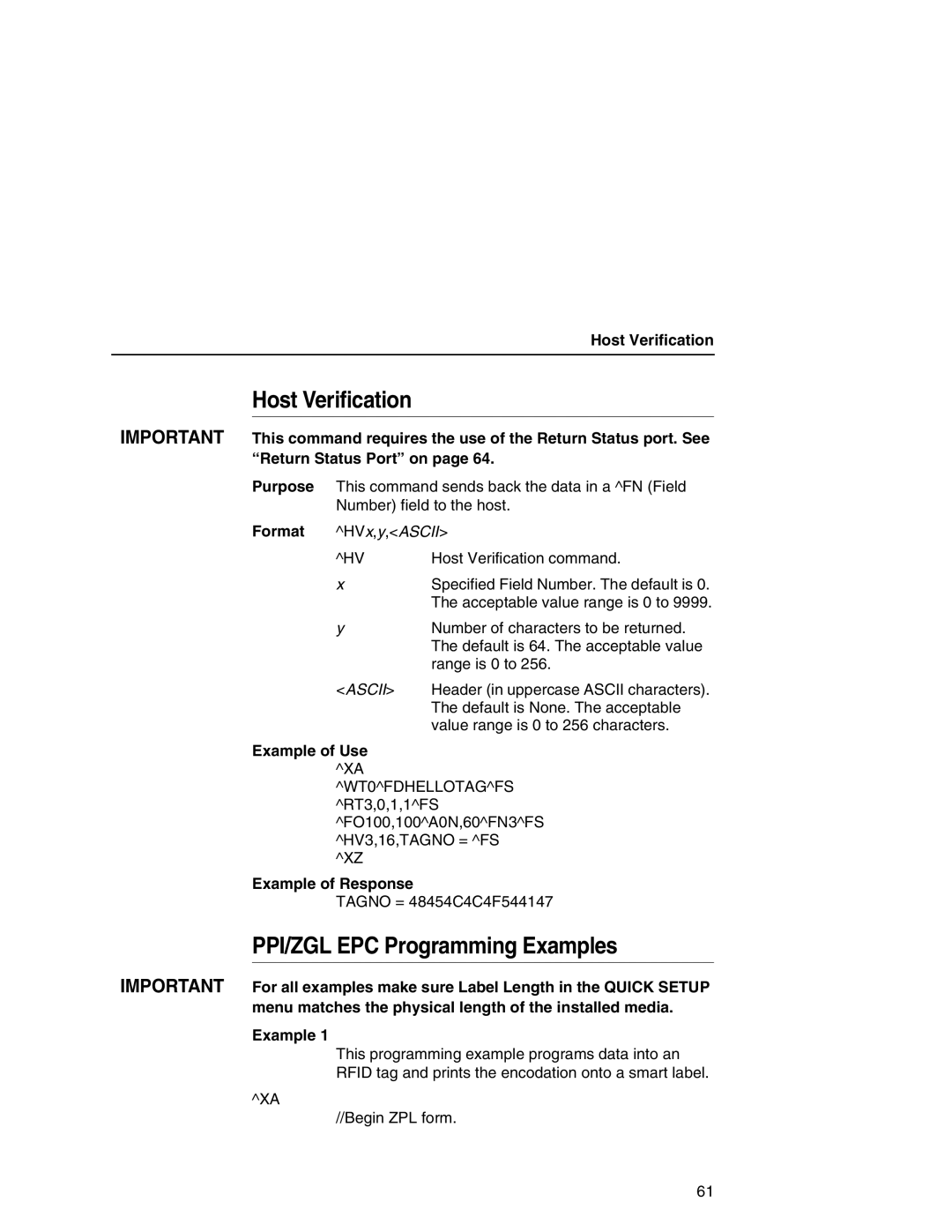 Printronix SL5000r MP manual Host Verification, PPI/ZGL EPC Programming Examples, Format HVx,y,ASCII 