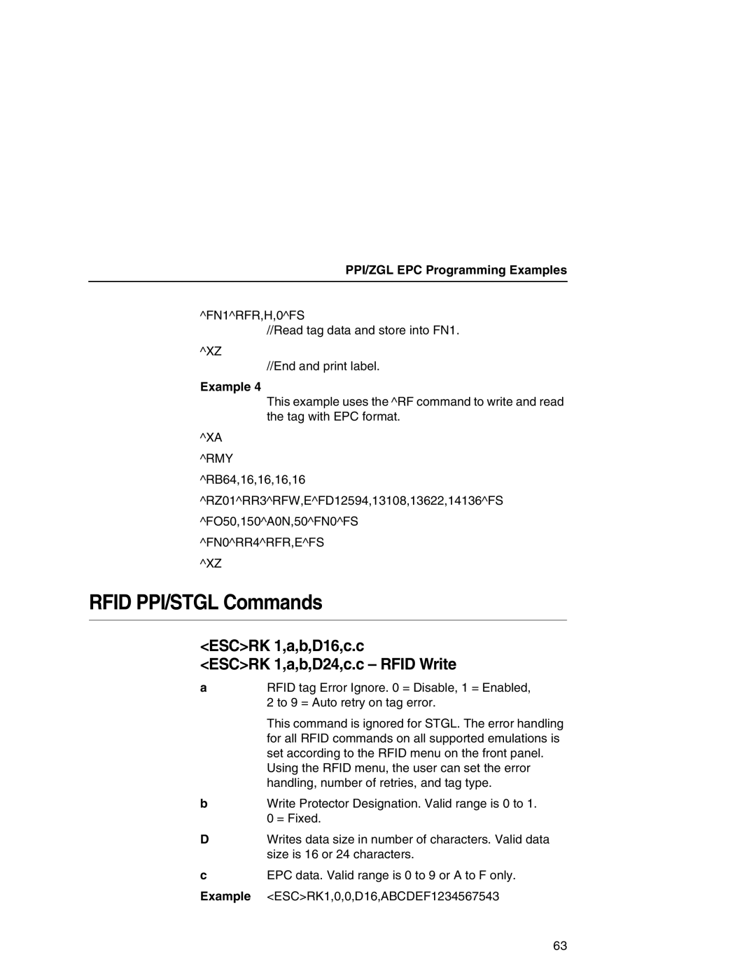 Printronix SL5000r MP manual Rfid PPI/STGL Commands, Escrk 1,a,b,D16,c.c Escrk 1,a,b,D24,c.c Rfid Write 