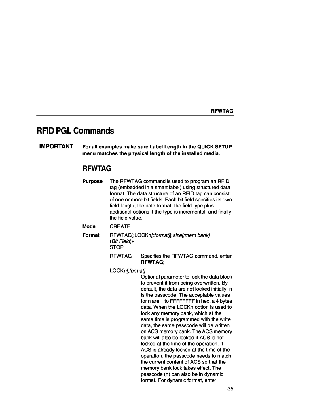Printronix SL5000r MP manual RFID PGL Commands, Rfwtag 