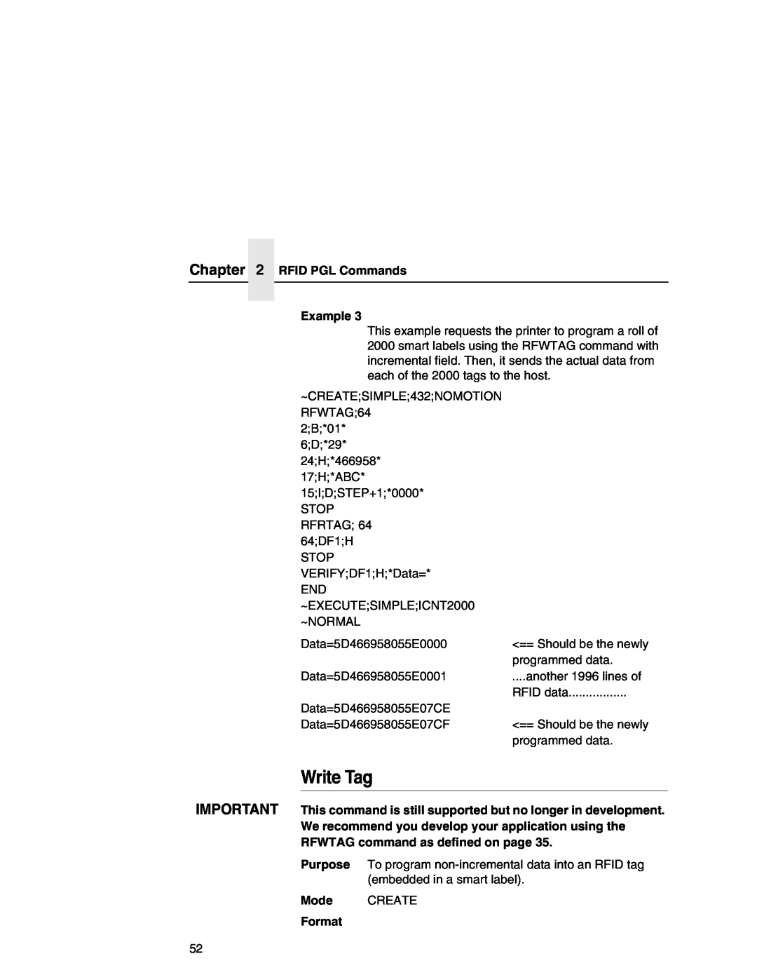 Printronix SL5000r MP manual Write Tag, Format, RFID PGL Commands, Example 