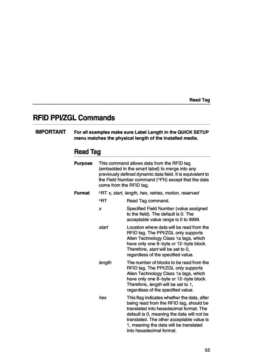Printronix SL5000r MP manual RFID PPI/ZGL Commands, Read Tag command 