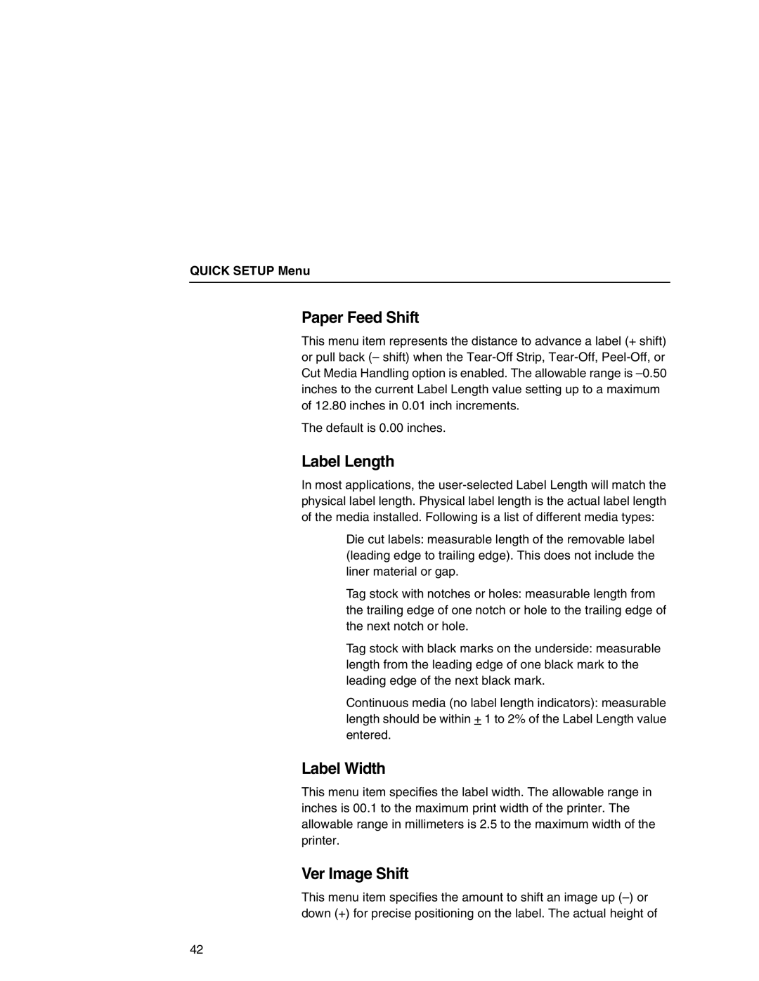 Printronix SL5000r manual Paper Feed Shift, Label Length, Label Width, Ver Image Shift 