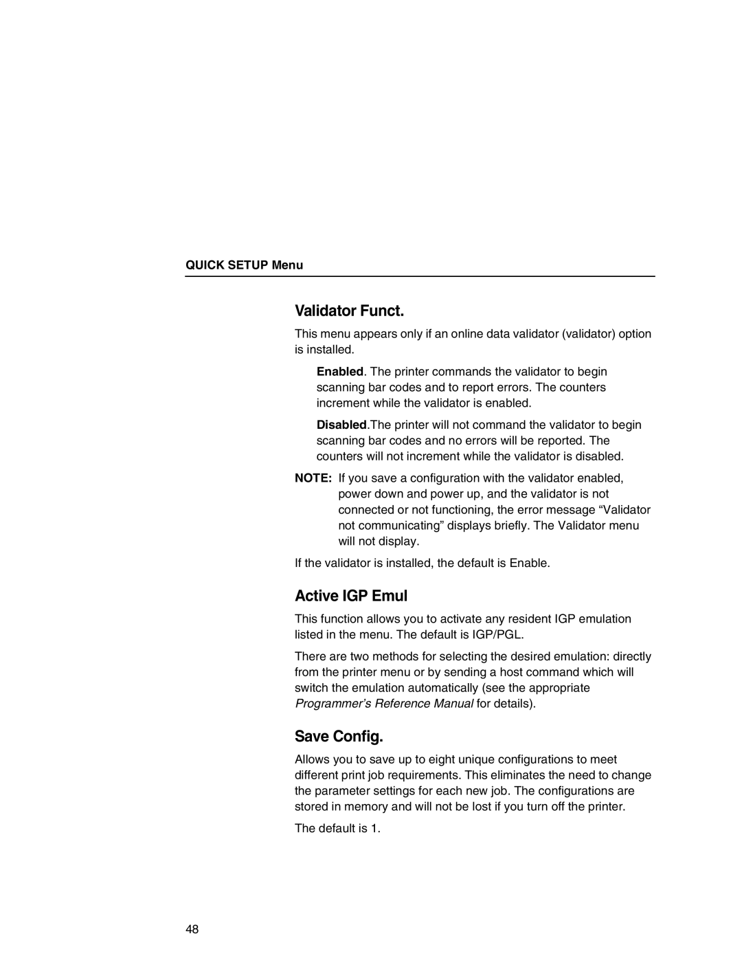 Printronix SL5000r manual Validator Funct, Active IGP Emul, Save Config 