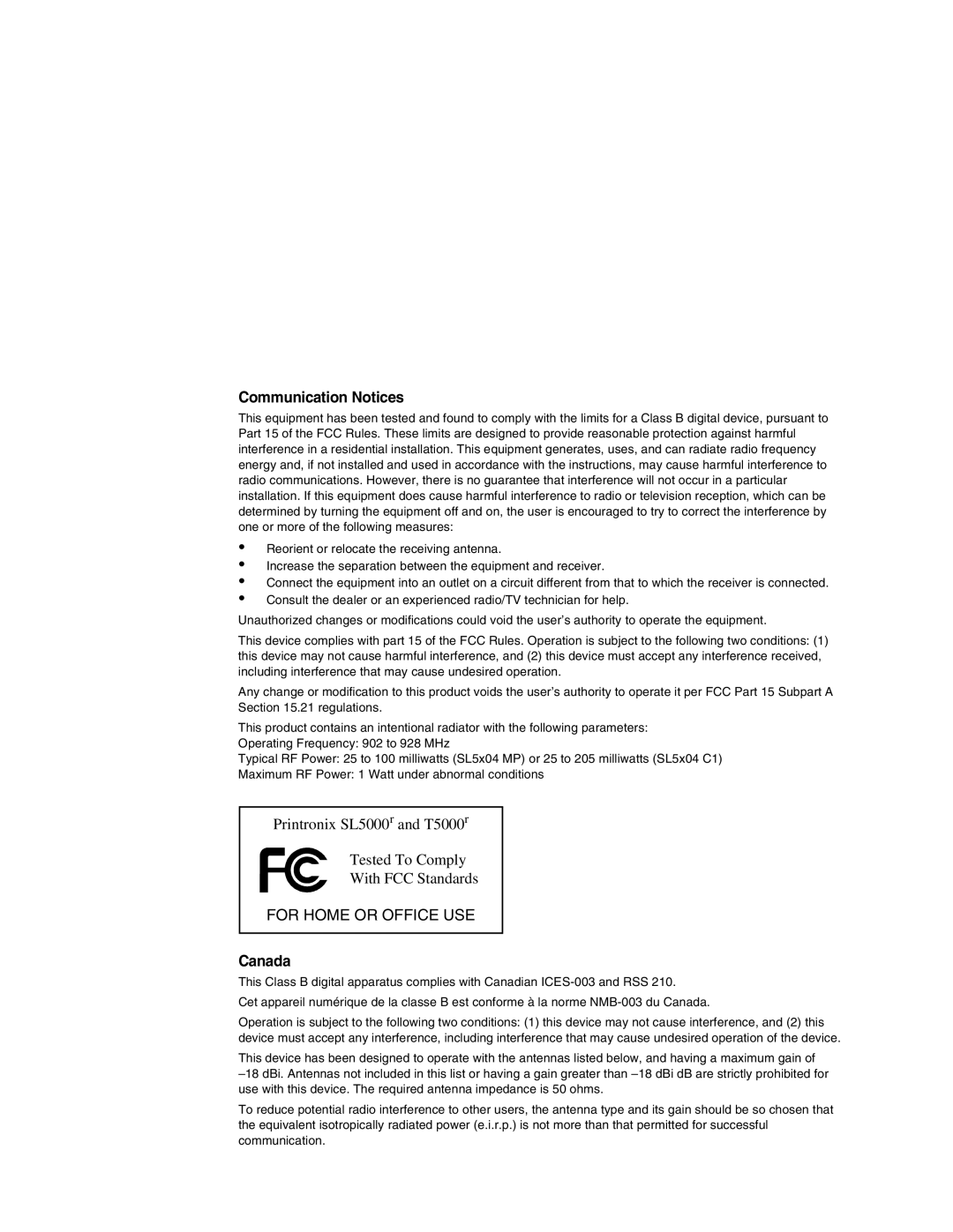 Printronix SL5000r manual Communication Notices, Canada 