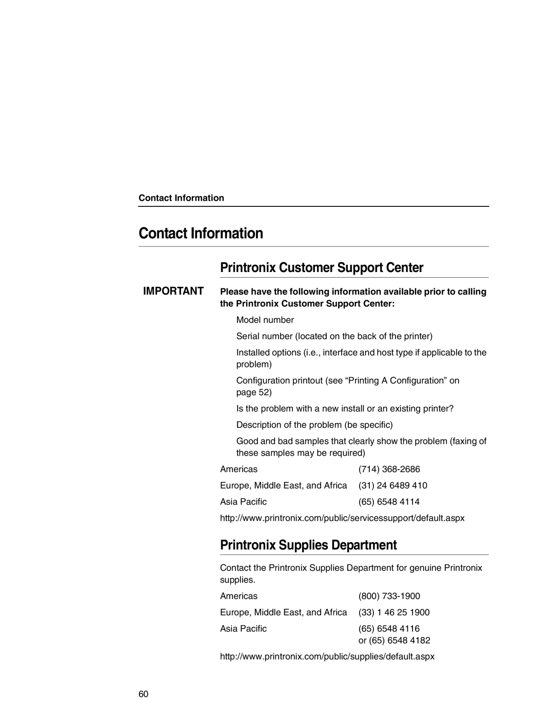 Printronix SL5000r manual Contact Information, Printronix Customer Support Center, Printronix Supplies Department 