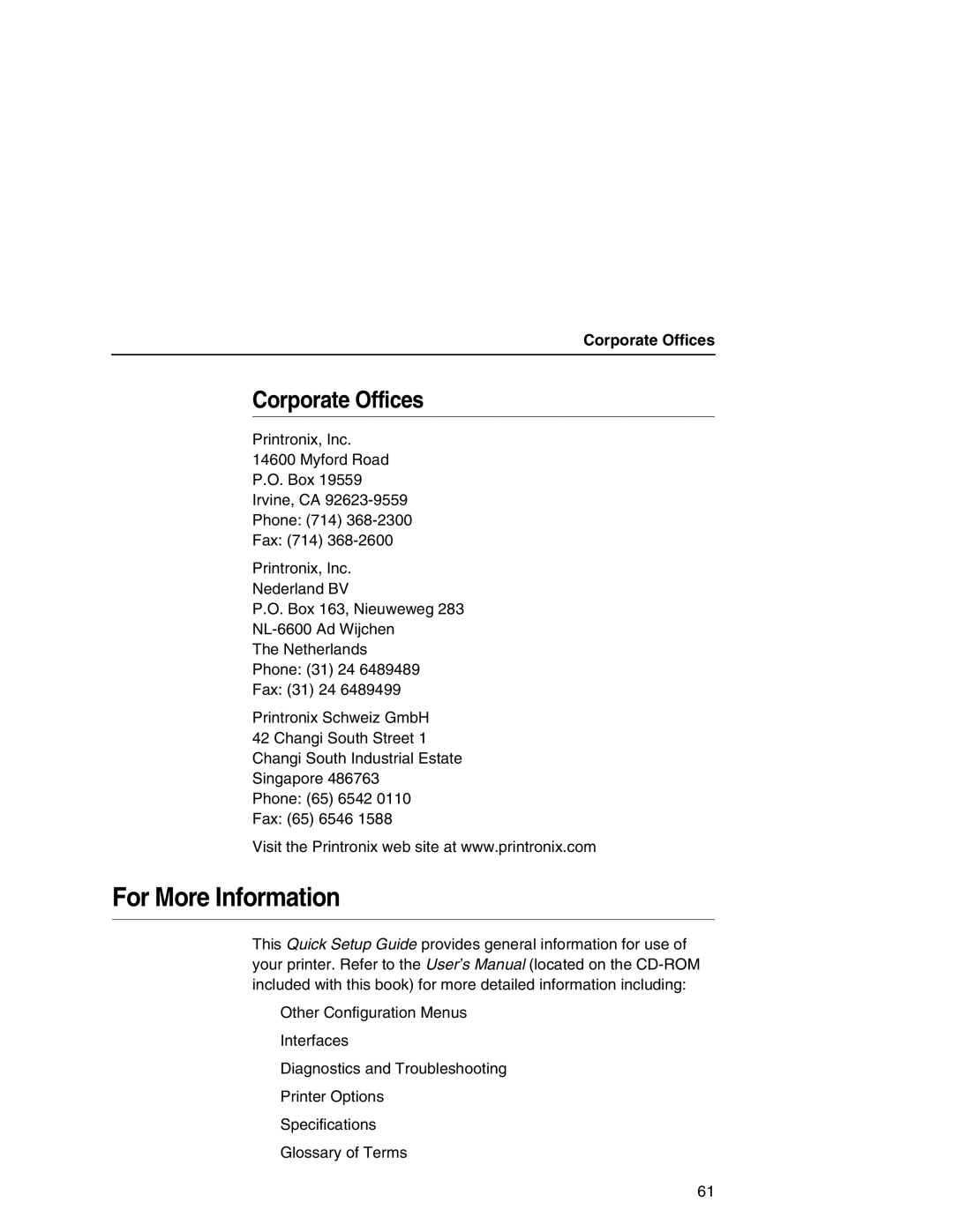 Printronix SL5000r manual For More Information, Corporate Offices 