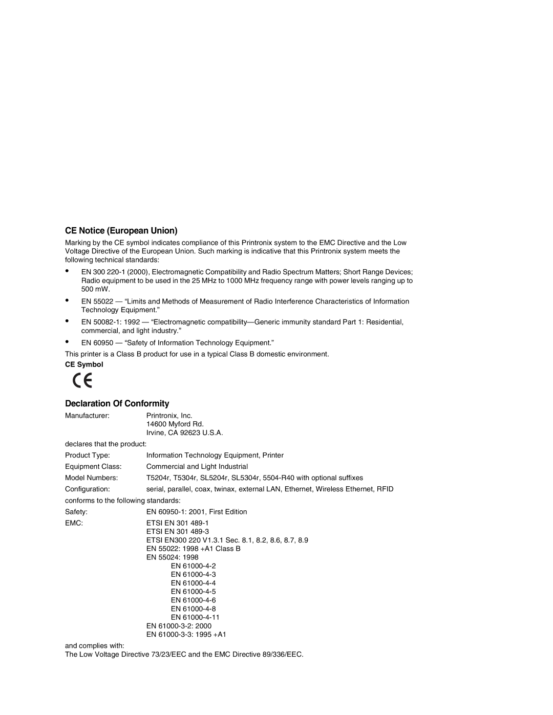 Printronix SL5000r manual CE Notice European Union, Declaration Of Conformity 