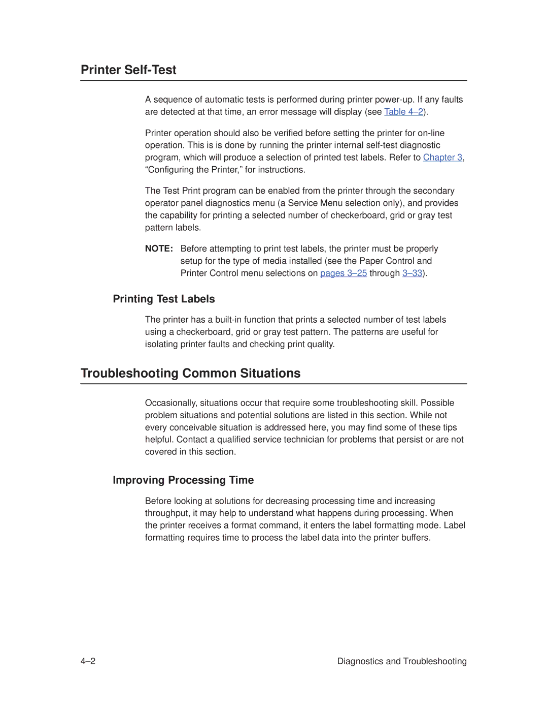 Printronix T3308 Printer Self-Test, Troubleshooting Common Situations, Printing Test Labels, Improving Processing Time 