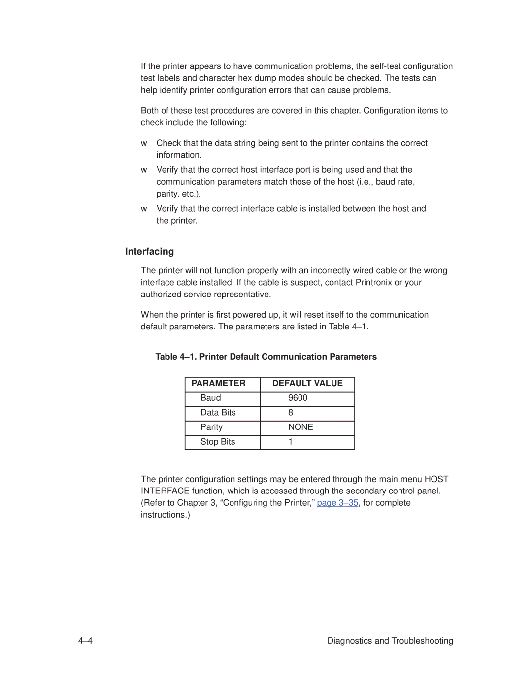 Printronix T3308, T3306 manual Interfacing, ±1. Printer Default Communication Parameters 