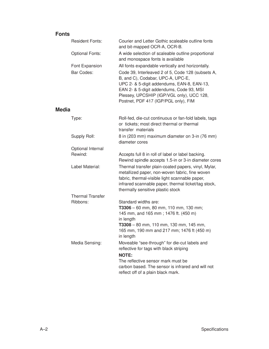 Printronix T3308, T3306 manual Fonts, Media 