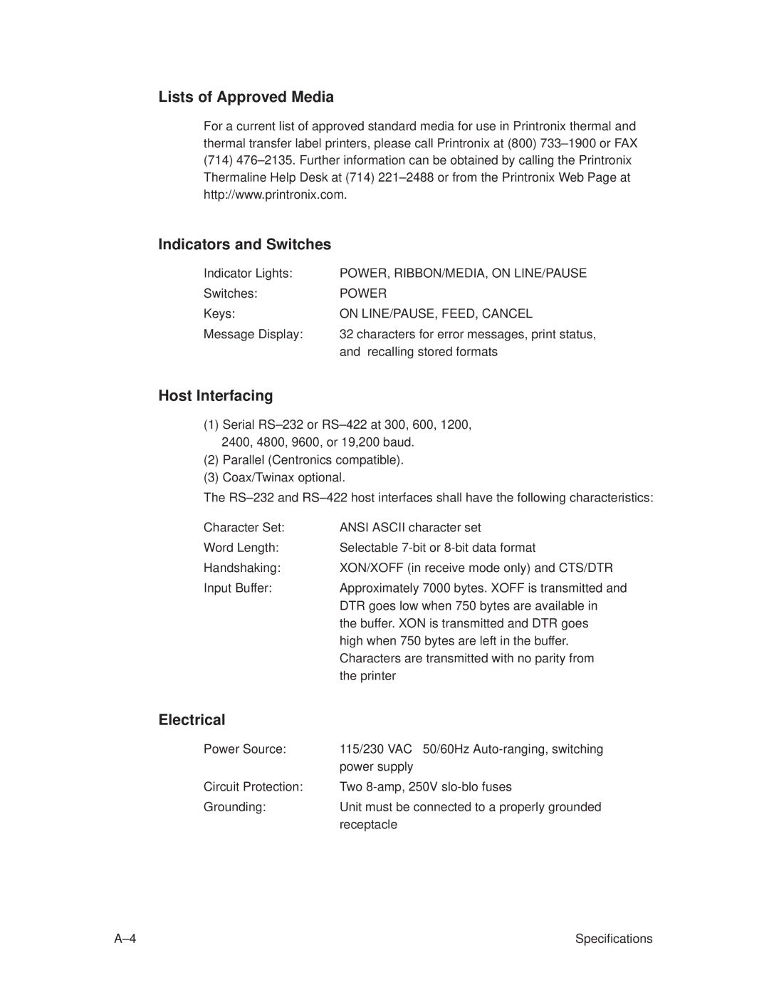 Printronix T3308, T3306 manual Lists of Approved Media, Indicators and Switches, Host Interfacing, Electrical 