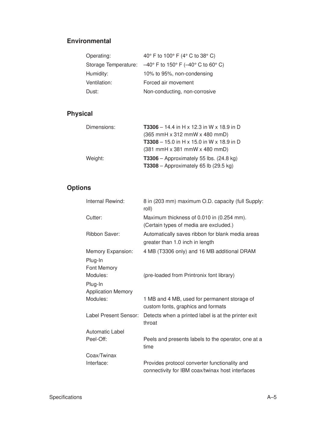 Printronix T3306, T3308 manual Environmental, Physical, Options 