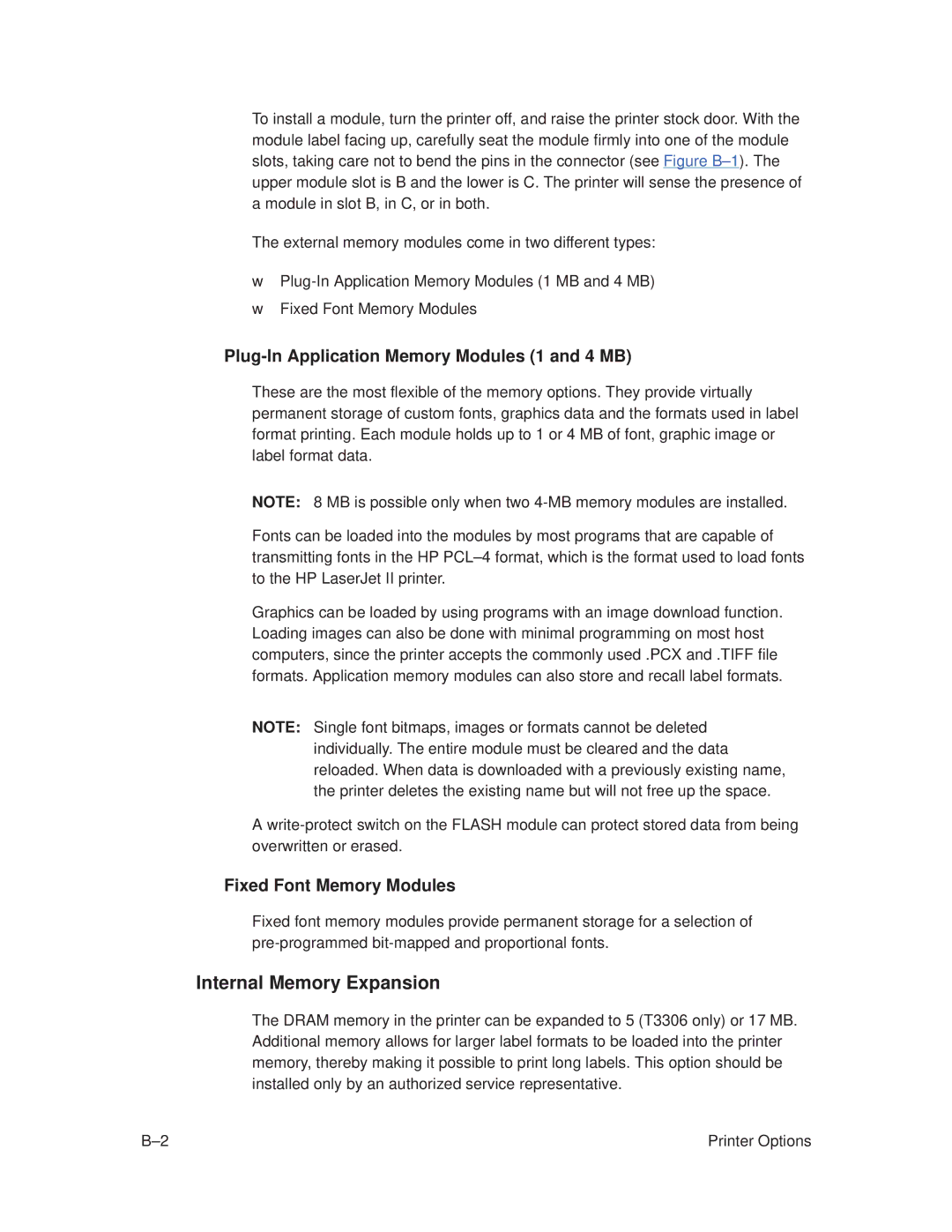 Printronix T3308 manual Internal Memory Expansion, Plug-In Application Memory Modules 1 and 4 MB, Fixed Font Memory Modules 