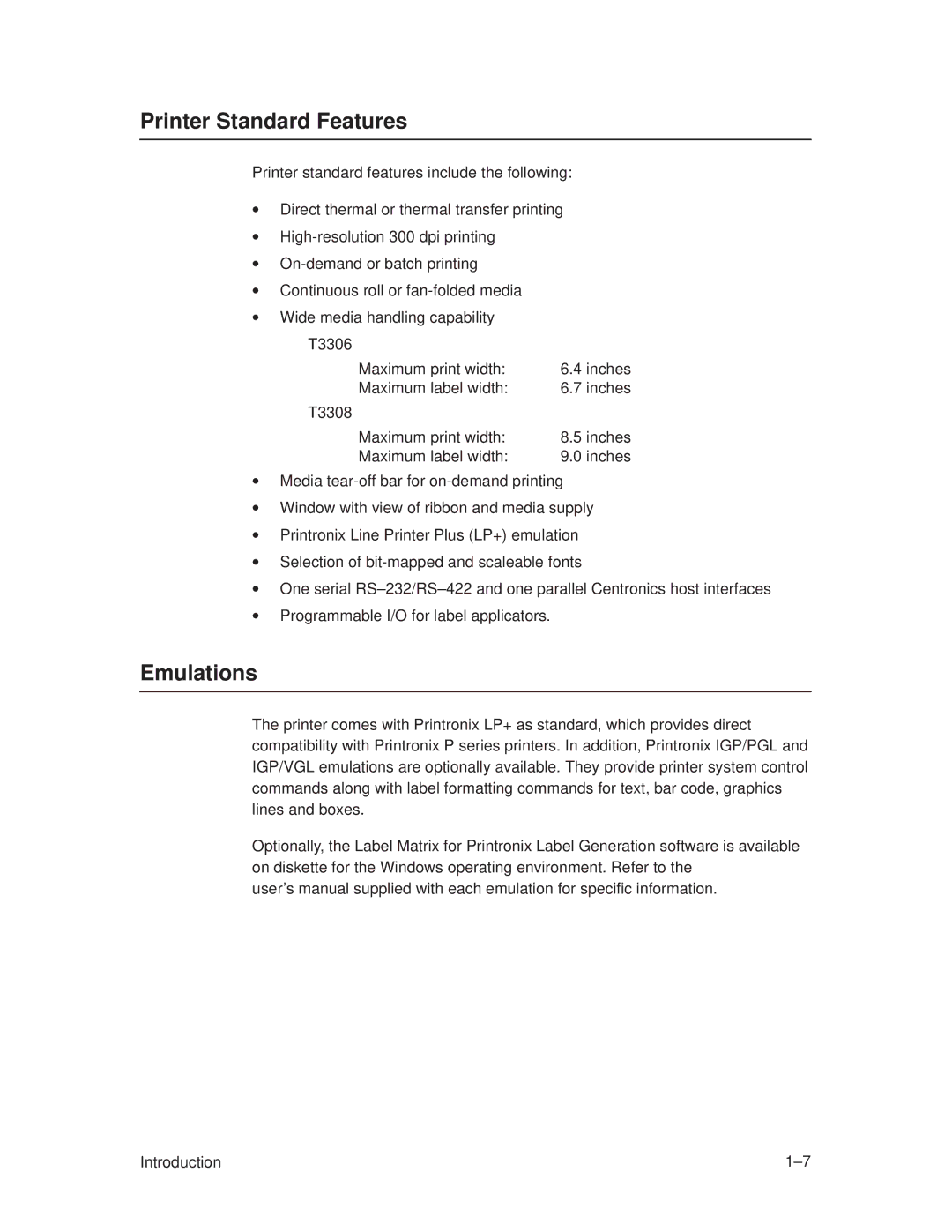 Printronix T3306, T3308 manual Printer Standard Features, Emulations 