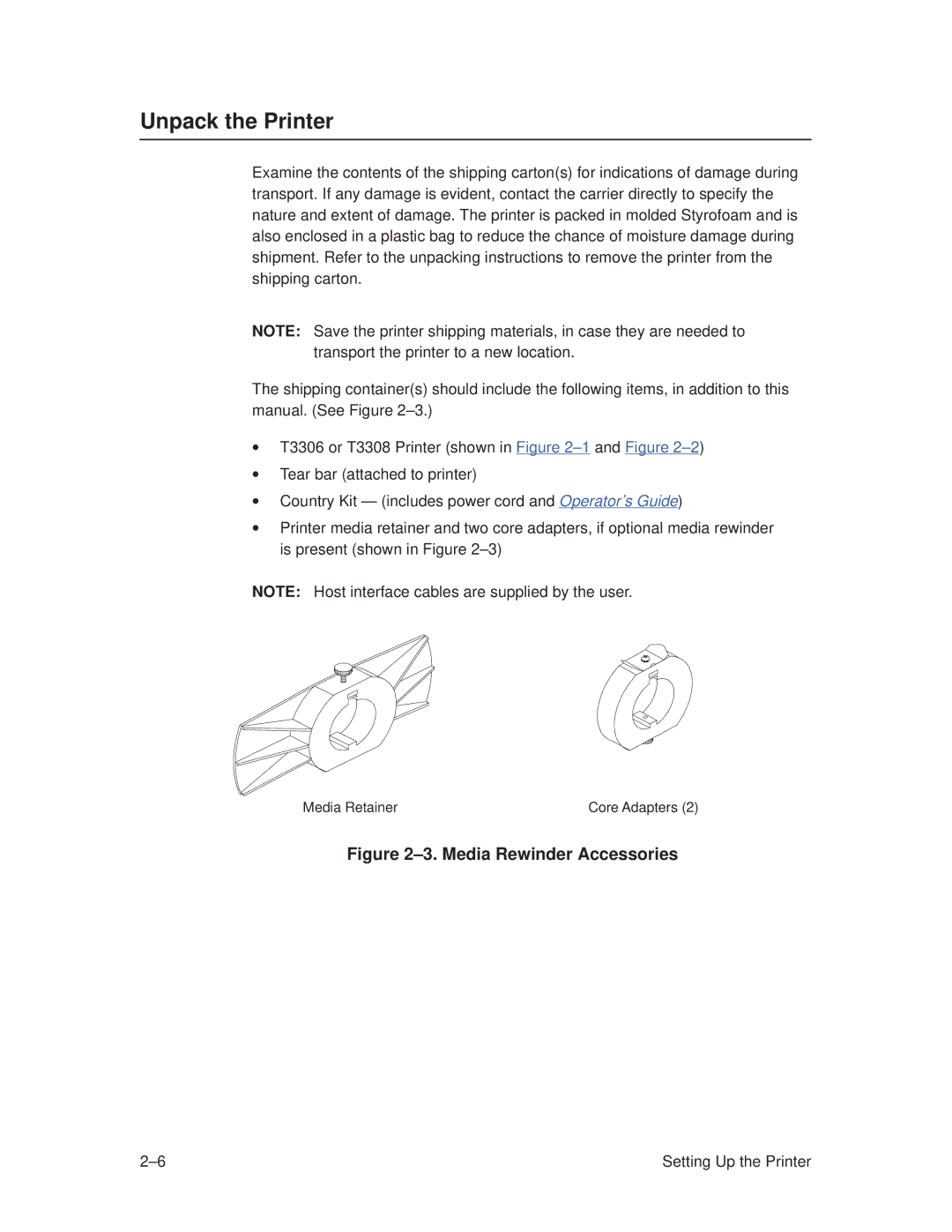 Printronix T3308, T3306 manual Unpack the Printer, ±3. Media Rewinder Accessories 