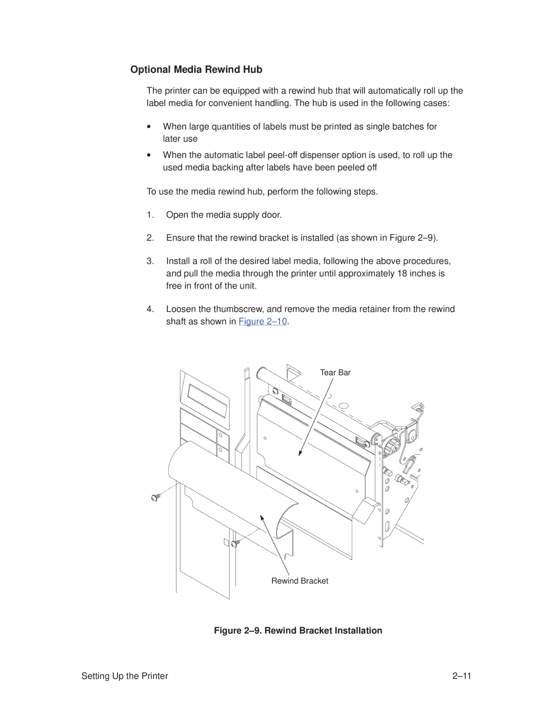 Printronix T3306, T3308 manual Optional Media Rewind Hub, ±9. Rewind Bracket Installation 